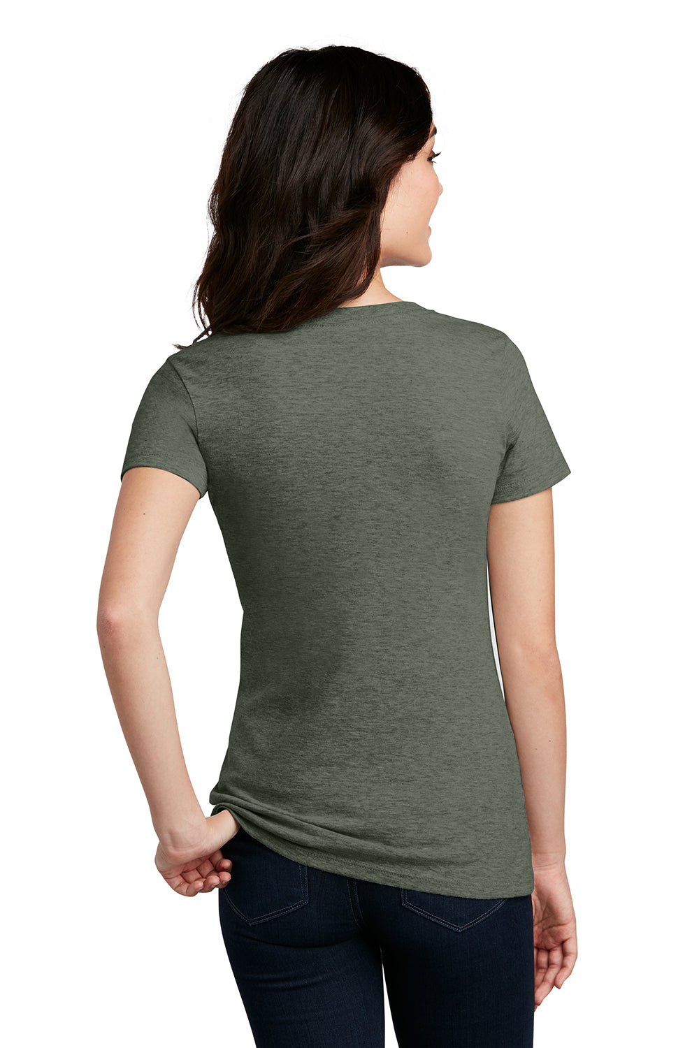 District DM1190L Womens Perfect Blend Short Sleeve V-Neck T-Shirt Heather Olive Green Model Back