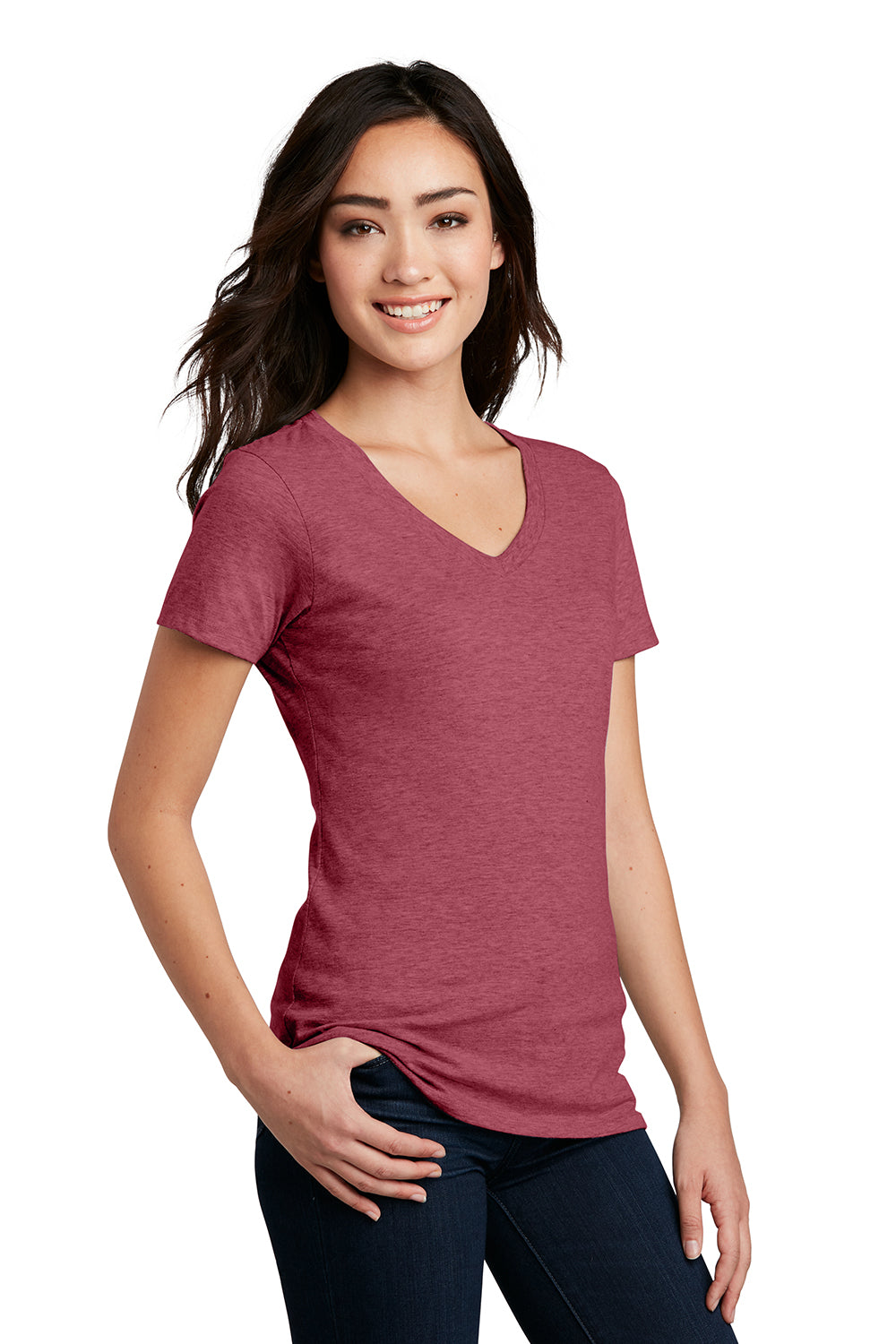 District DM1190L Womens Perfect Blend Short Sleeve V-Neck T-Shirt Heather Red Model 3q