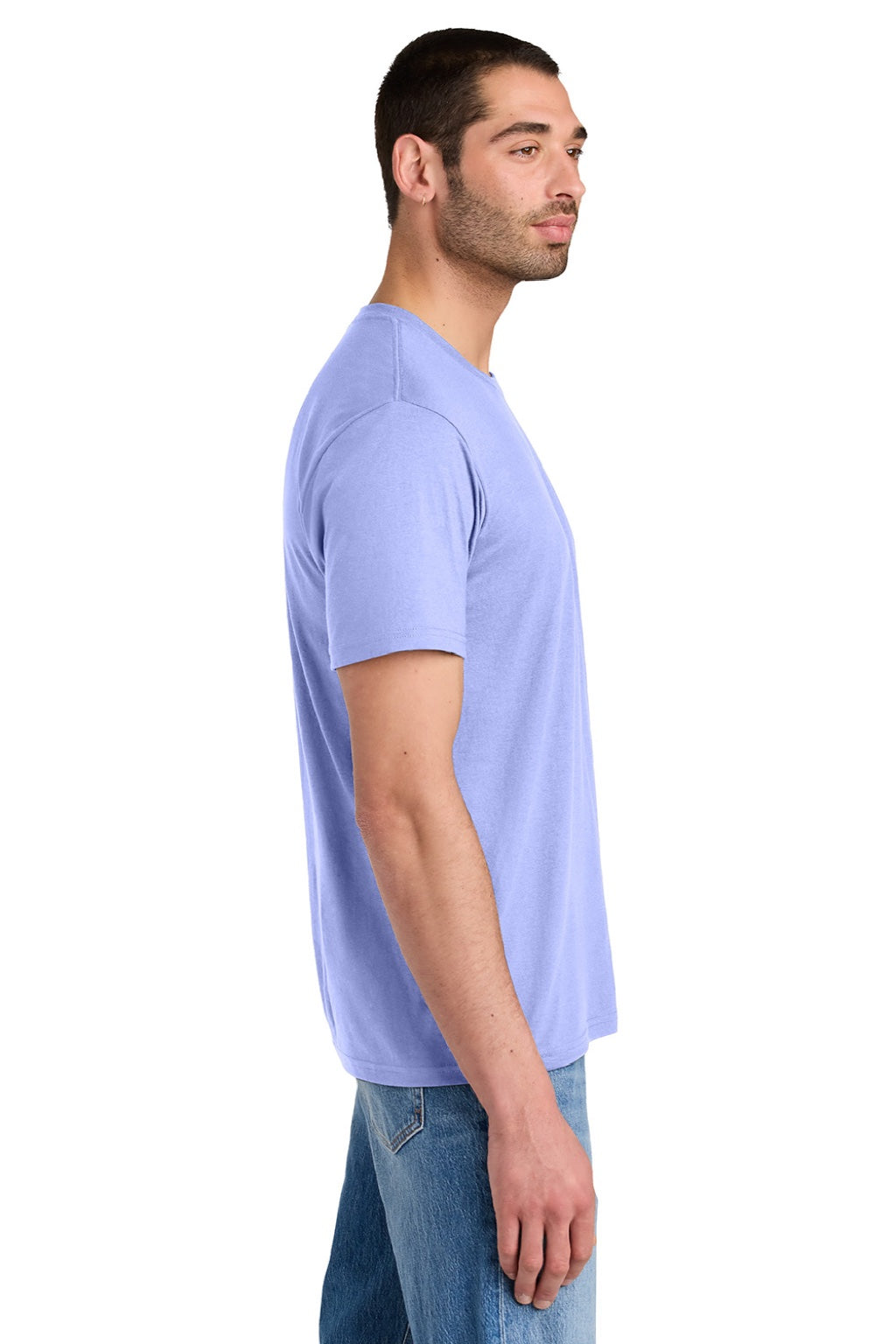 District DM130 Mens Perfect Tri Short Sleeve Crewneck T-Shirt Soft Lilac Purple Model Side