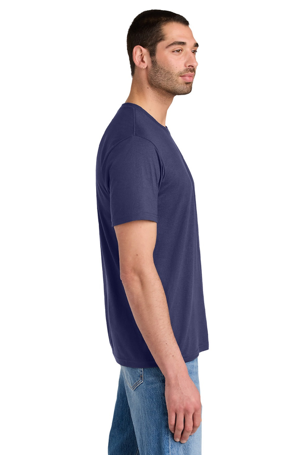 District DM130 Mens Perfect Tri Short Sleeve Crewneck T-Shirt Tanzanite Blue Model Side