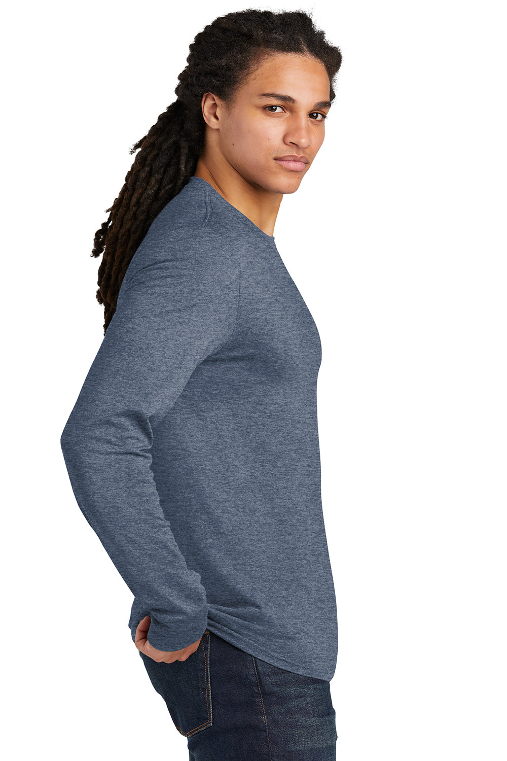 District DM132 Mens Perfect Tri Long Sleeve Crewneck T-Shirt Navy Blue Frost Model Side