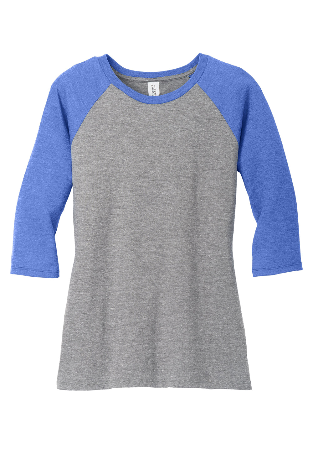District DM136L Womens Perfect Tri 3/4 Sleeve Crewneck T-Shirt Grey Frost/Royal Blue Flat Front