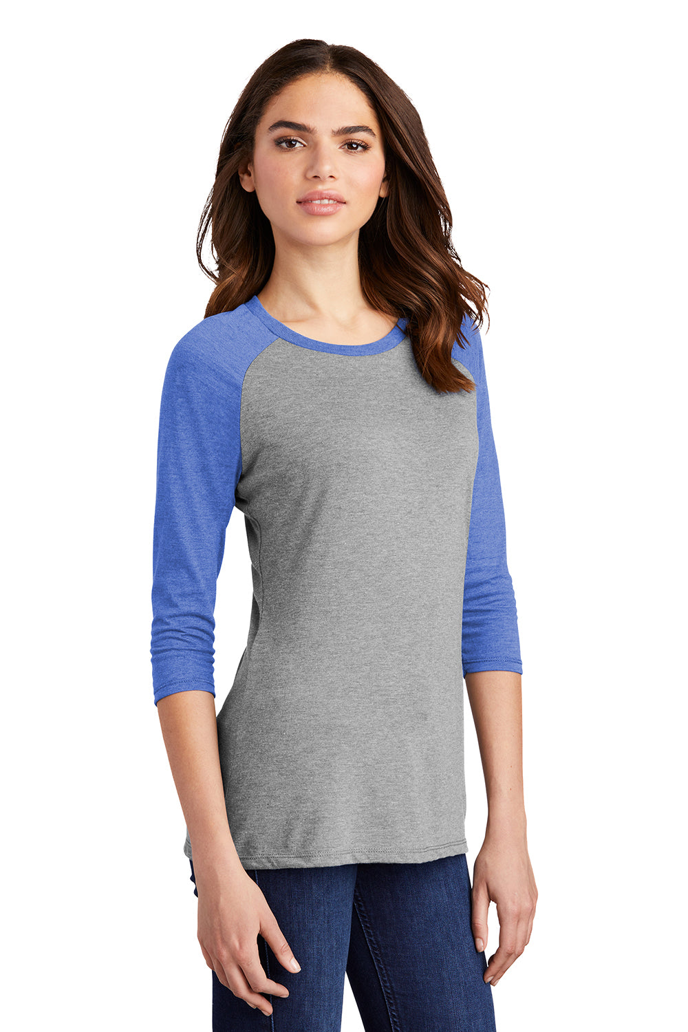 District DM136L Womens Perfect Tri 3/4 Sleeve Crewneck T-Shirt Grey Frost/Royal Blue Model 3q