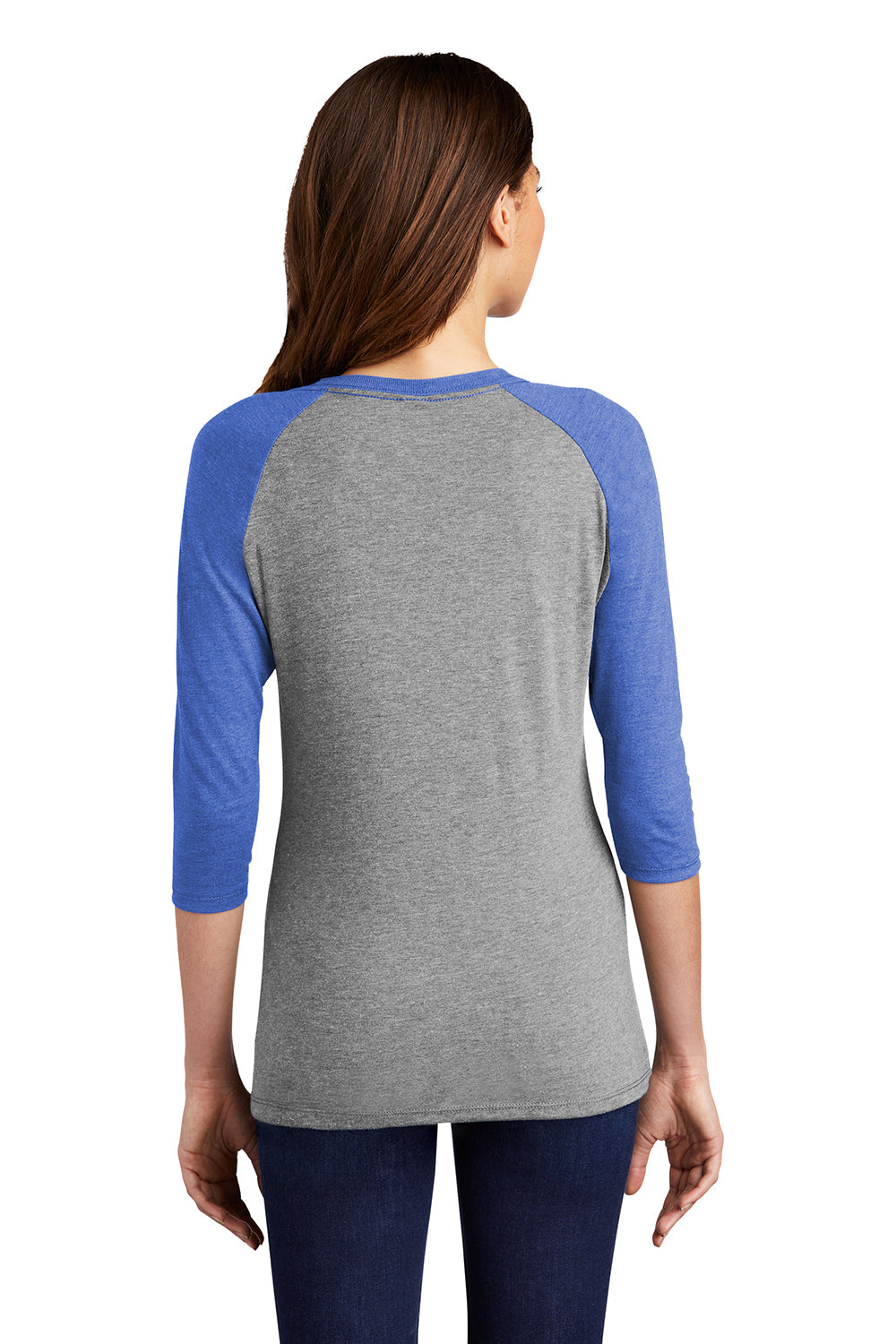 District DM136L Womens Perfect Tri 3/4 Sleeve Crewneck T-Shirt Grey Frost/Royal Blue Model Back