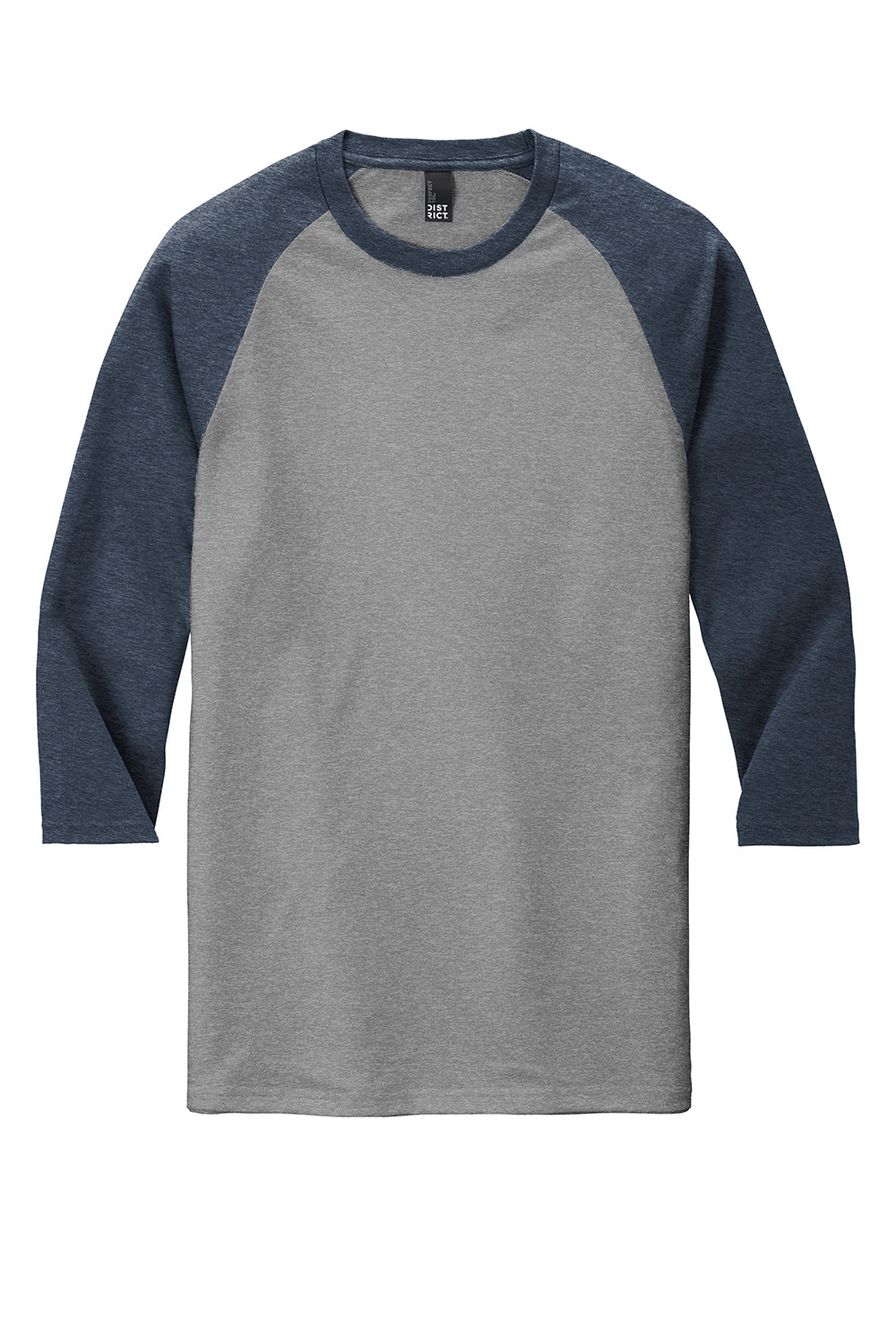 District DM136 Mens Perfect Tri 3/4 Sleeve Crewneck T-Shirt Grey Frost/Navy Blue Flat Front