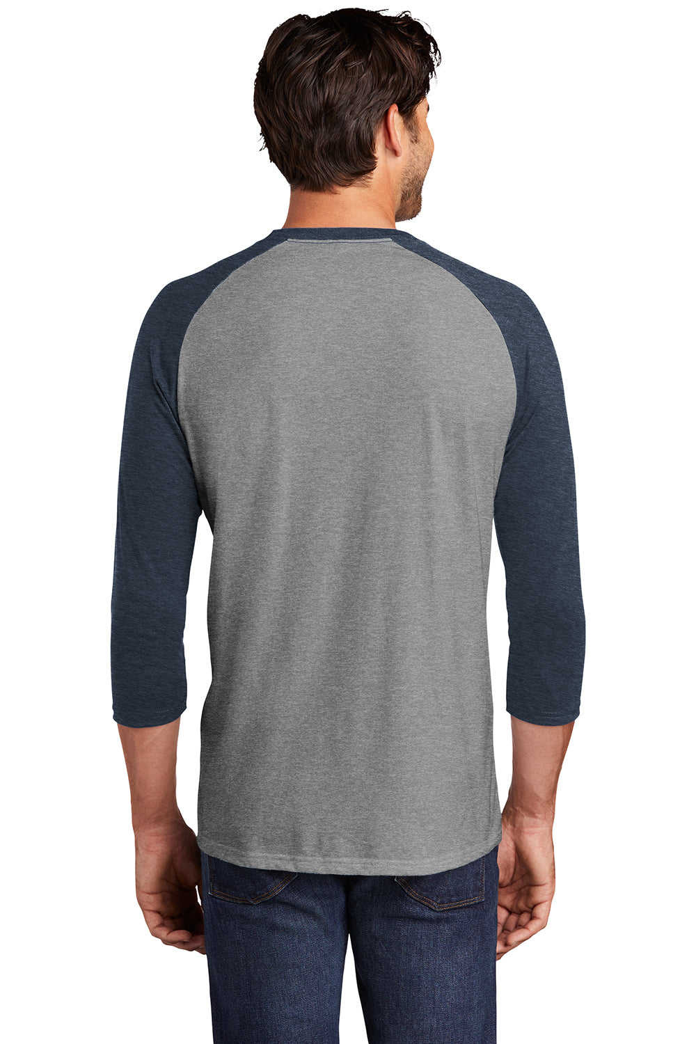 District DM136 Mens Perfect Tri 3/4 Sleeve Crewneck T-Shirt Grey Frost/Navy Blue Model Back