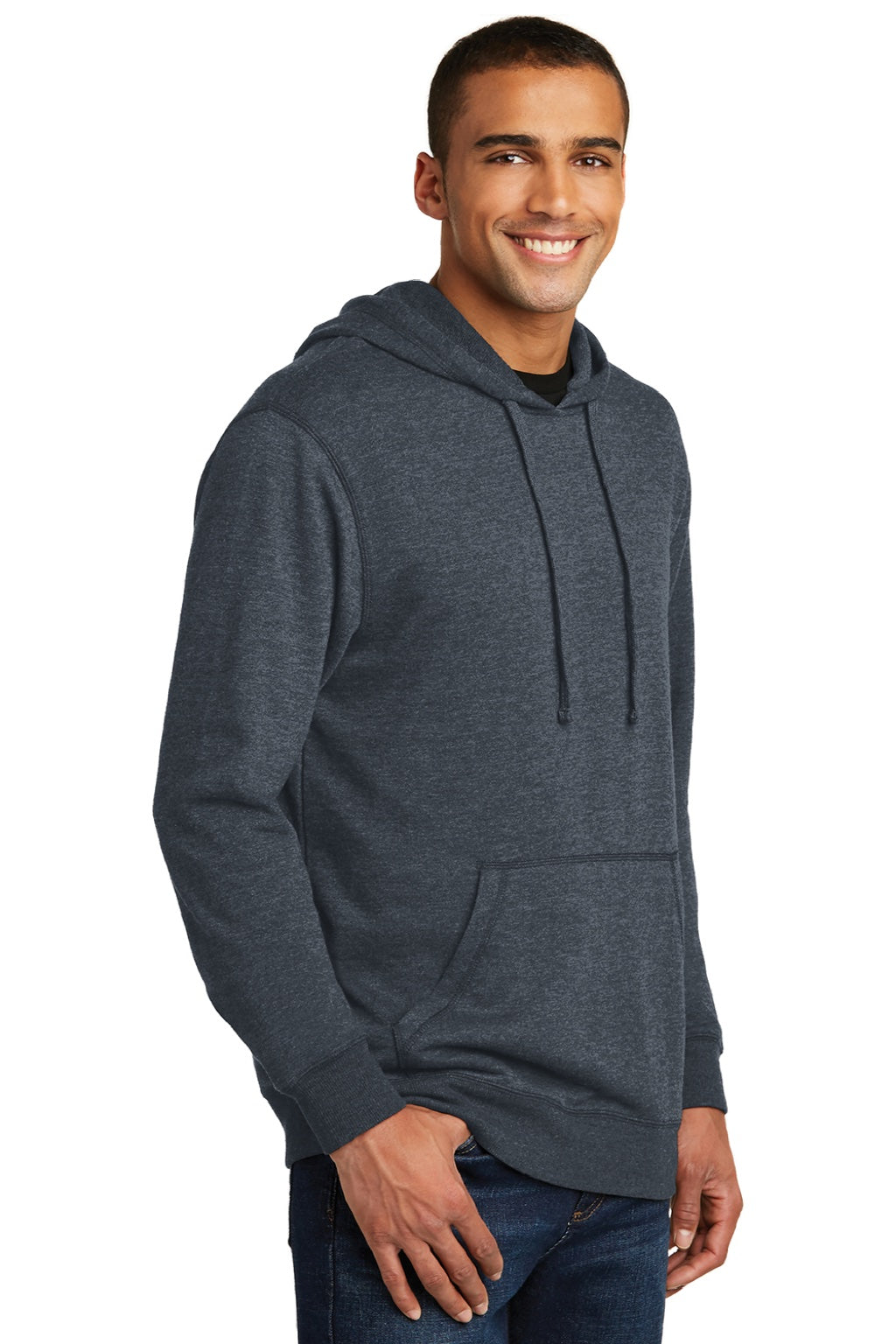 District DM391 Mens Fleece Hooded Sweatshirt Hoodie w/ Pouch Pocket Heather Navy Blue Model 3q