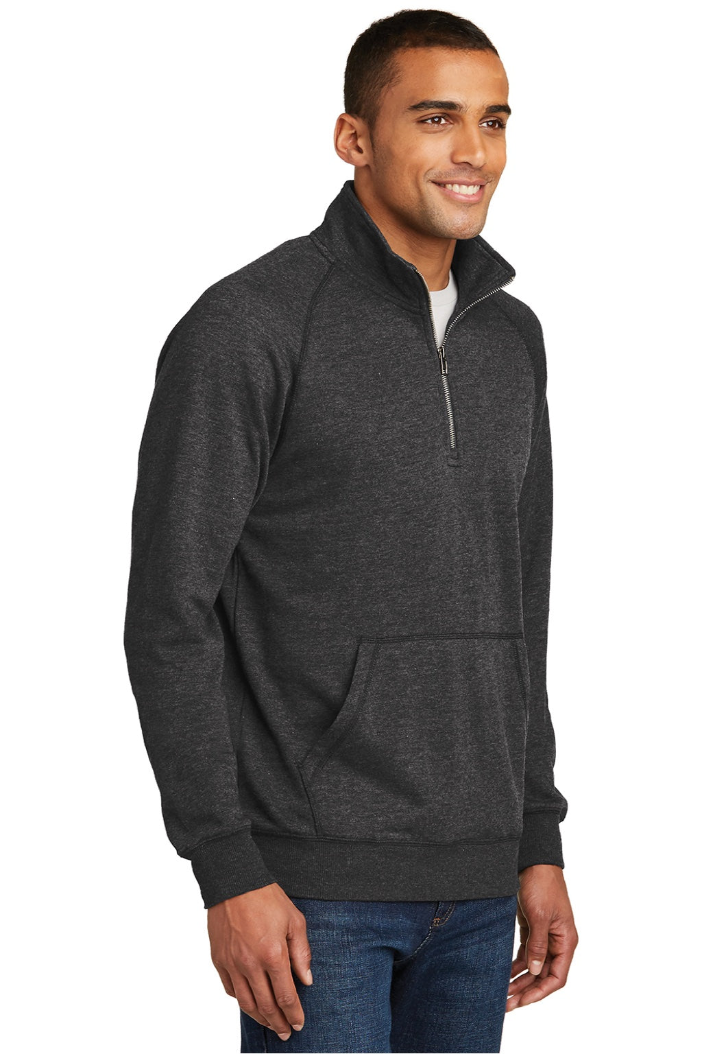 District DM392 Mens Fleece 1/4 Zip Sweatshirt w/ Pouch Pocket Heather Black Model 3q