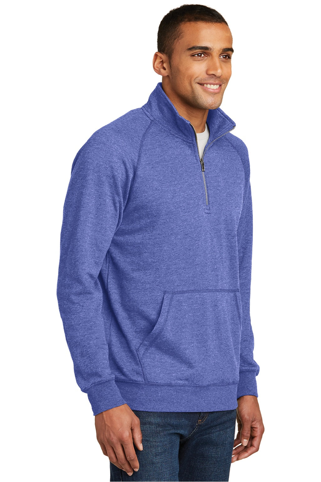 District DM392 Mens Fleece 1/4 Zip Sweatshirt w/ Pouch Pocket Heather Deep Royal Blue Model 3q