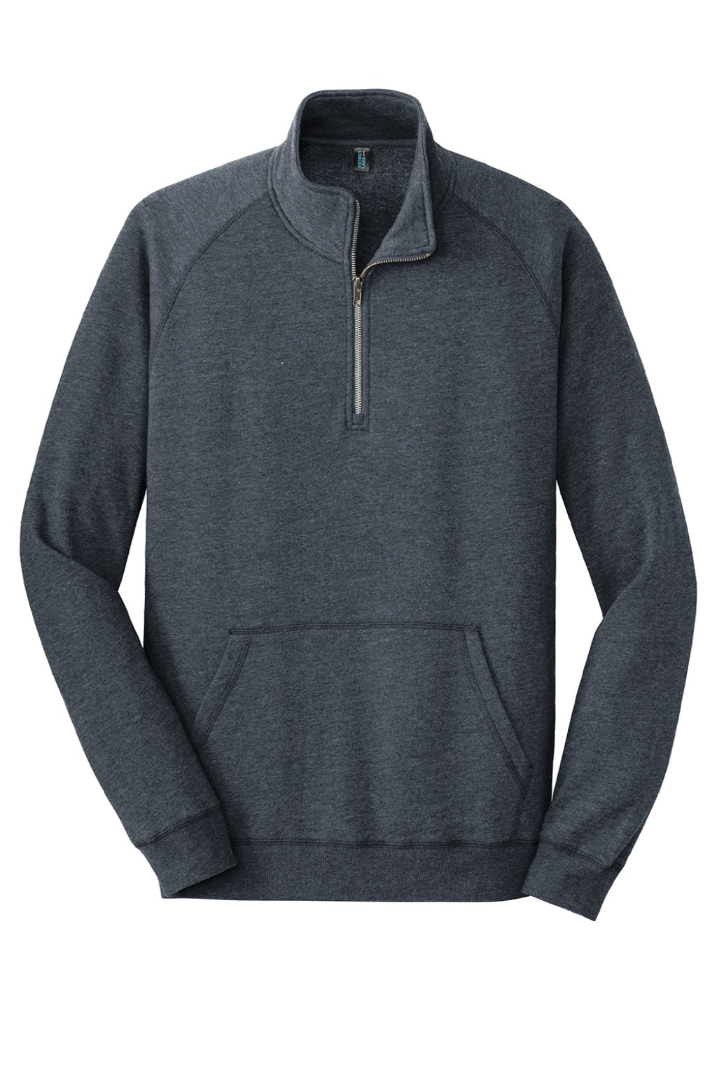 District DM392 Mens Fleece 1/4 Zip Sweatshirt w/ Pouch Pocket Heather Navy Blue Flat Front