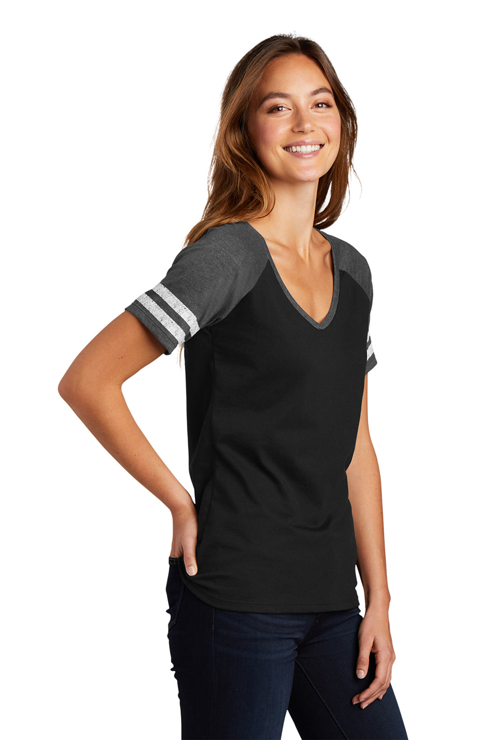 District DM476 Womens Game Short Sleeve V-Neck T-Shirt Black/Heather Charcoal Grey Model 3q
