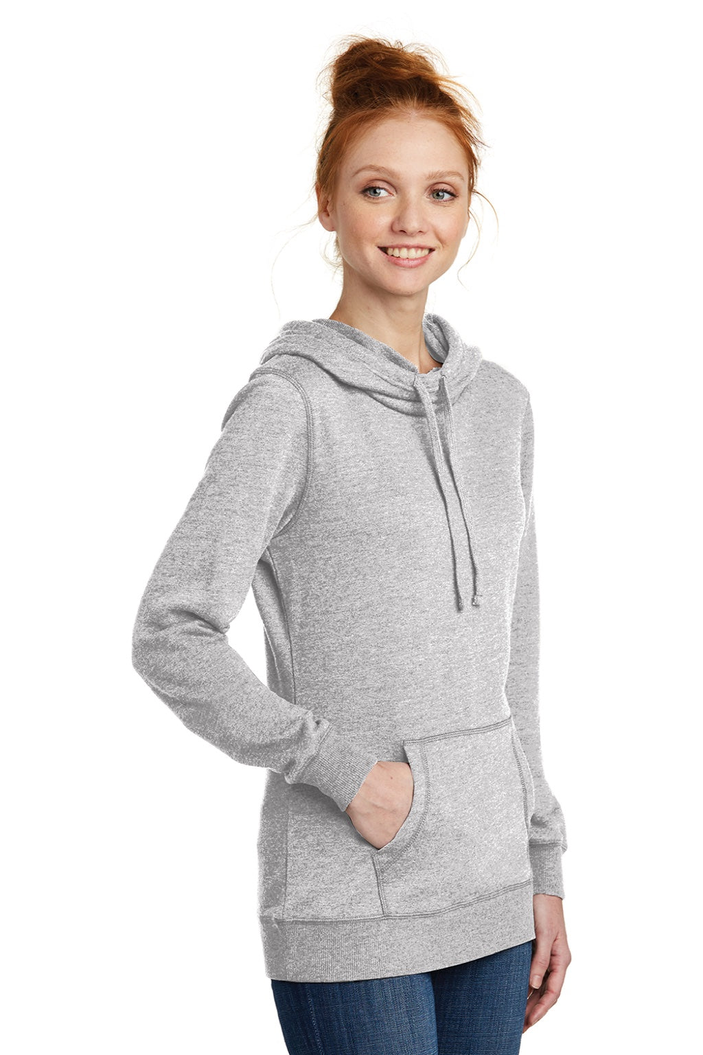 District DM493 Womens Fleece Hooded Sweatshirt Hoodie w/ Pouch Pocket Heather Grey Model 3q