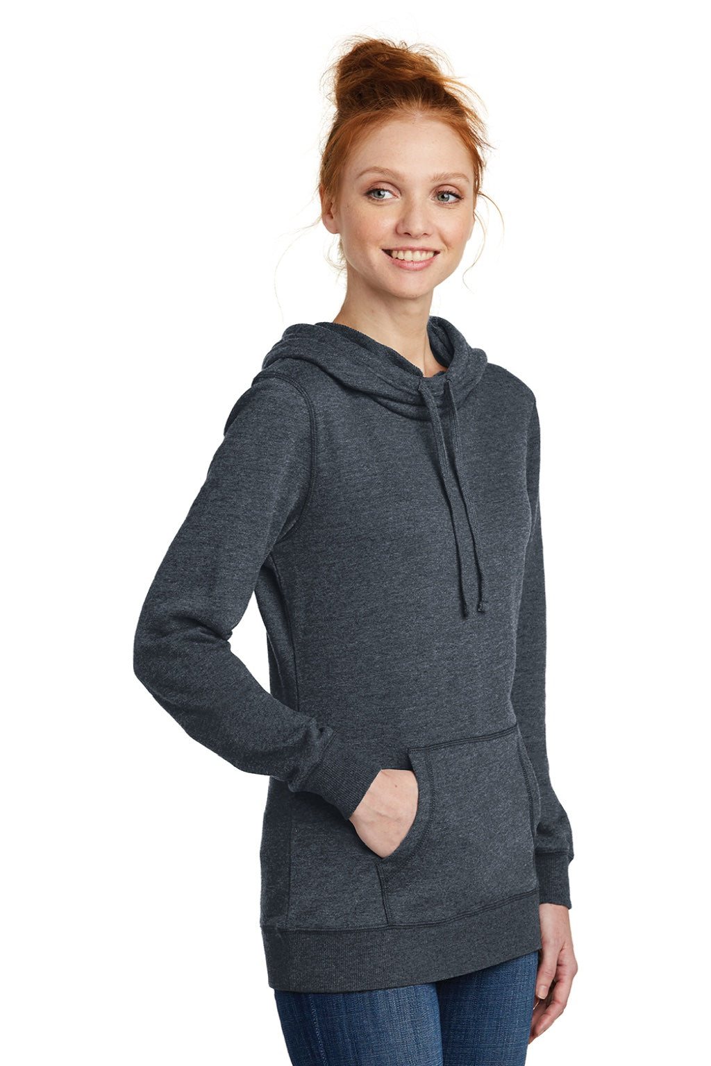 District DM493 Womens Fleece Hooded Sweatshirt Hoodie w/ Pouch Pocket Heather Navy Blue Model 3q