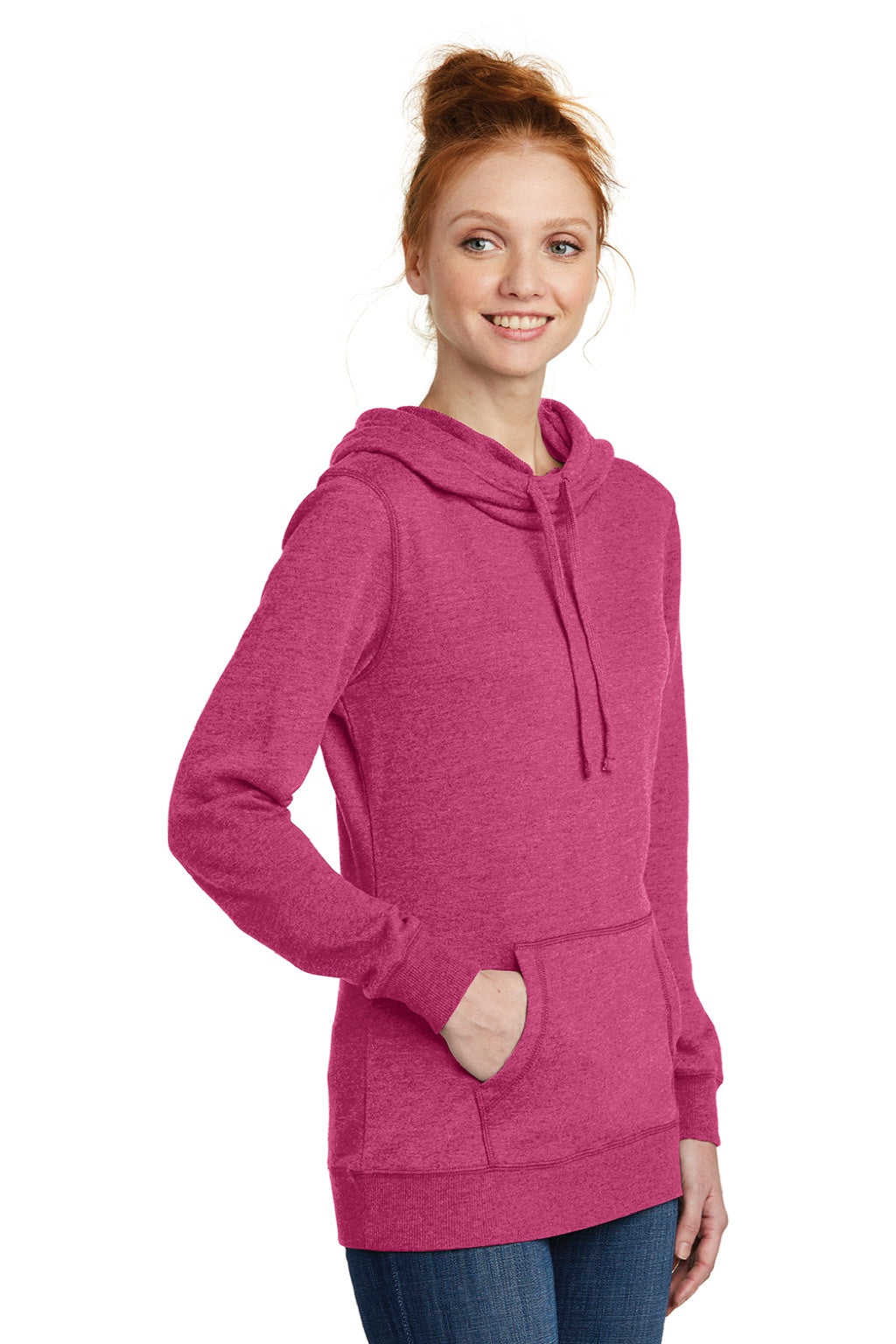 District DM493 Womens Fleece Hooded Sweatshirt Hoodie w/ Pouch Pocket Heather Azalea Pink Model 3q
