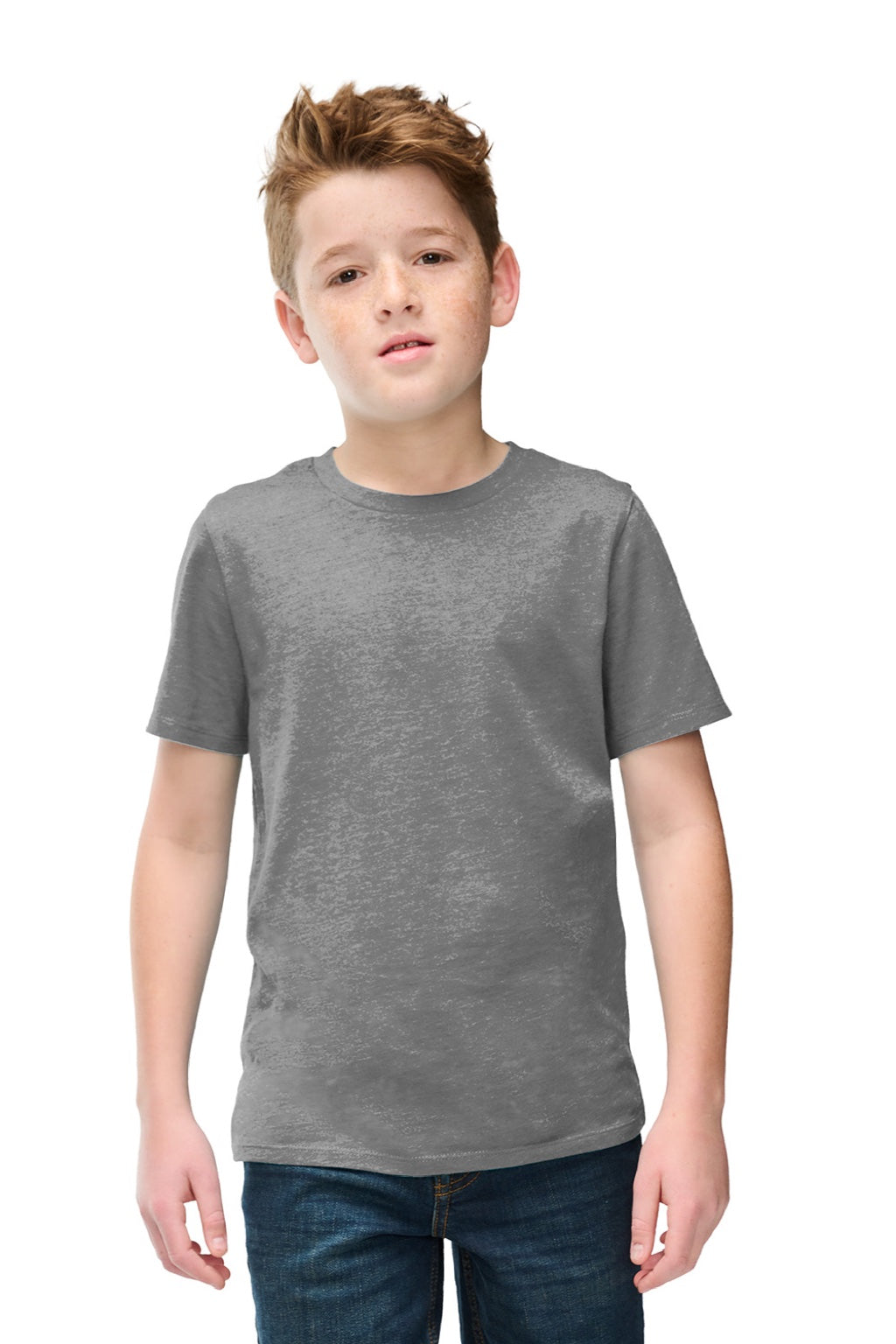 District DT108Y Youth Perfect Blend CVC Short Sleeve Crewneck T-Shirt Grey Frost Model Front