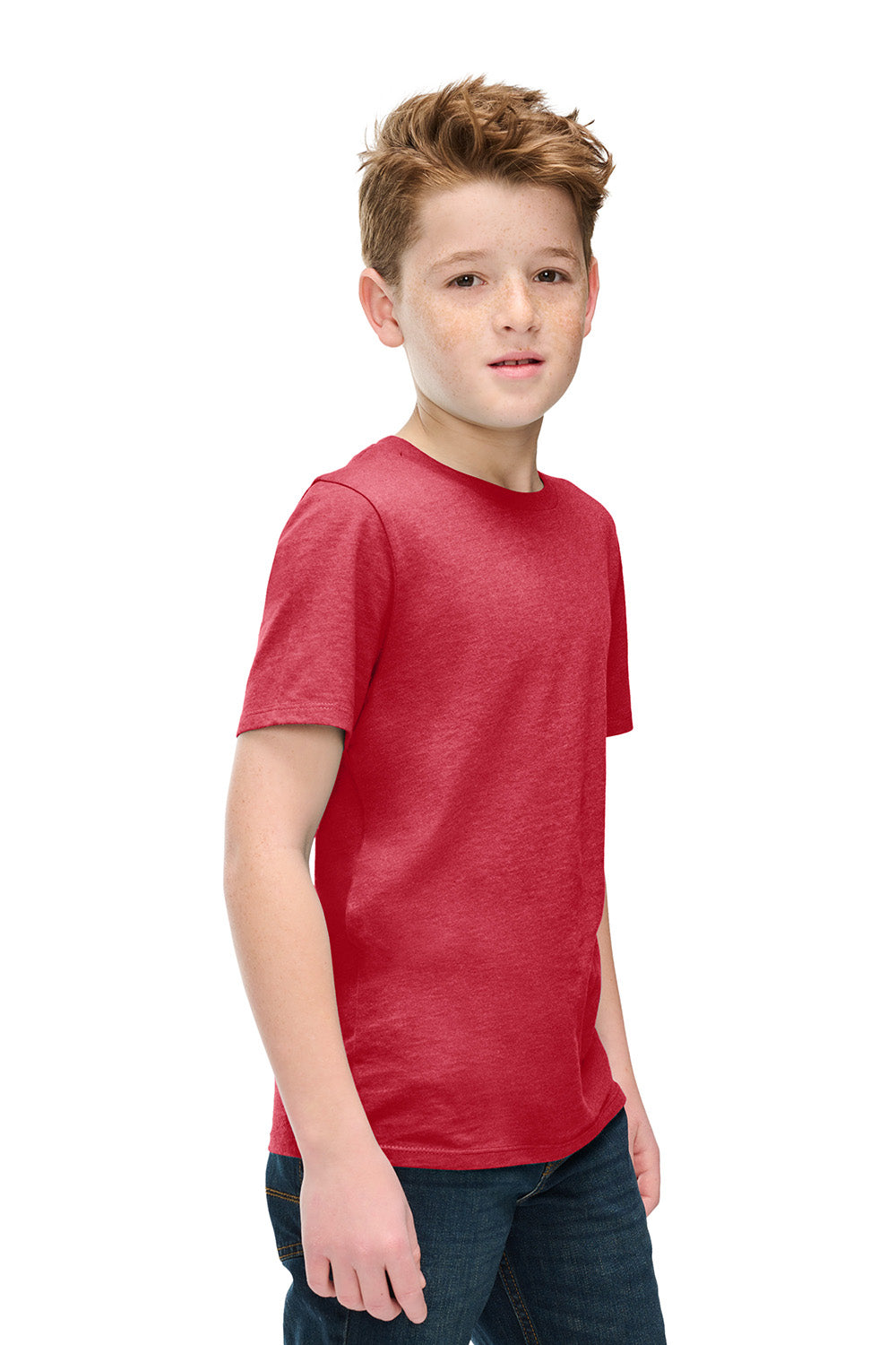 District DT108Y Youth Perfect Blend CVC Short Sleeve Crewneck T-Shirt Heather Red Model Side