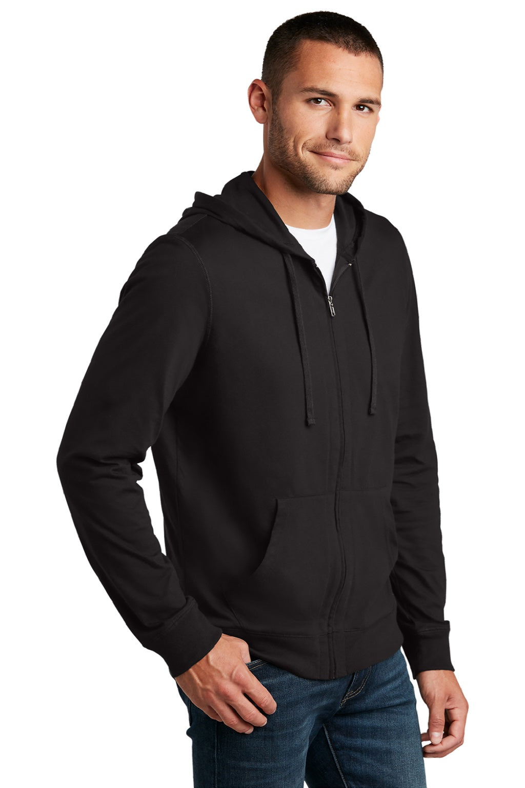 District DT1100 Mens Full Zip Hooded Sweatshirt Hoodie w/ Pockets Black Model 3q