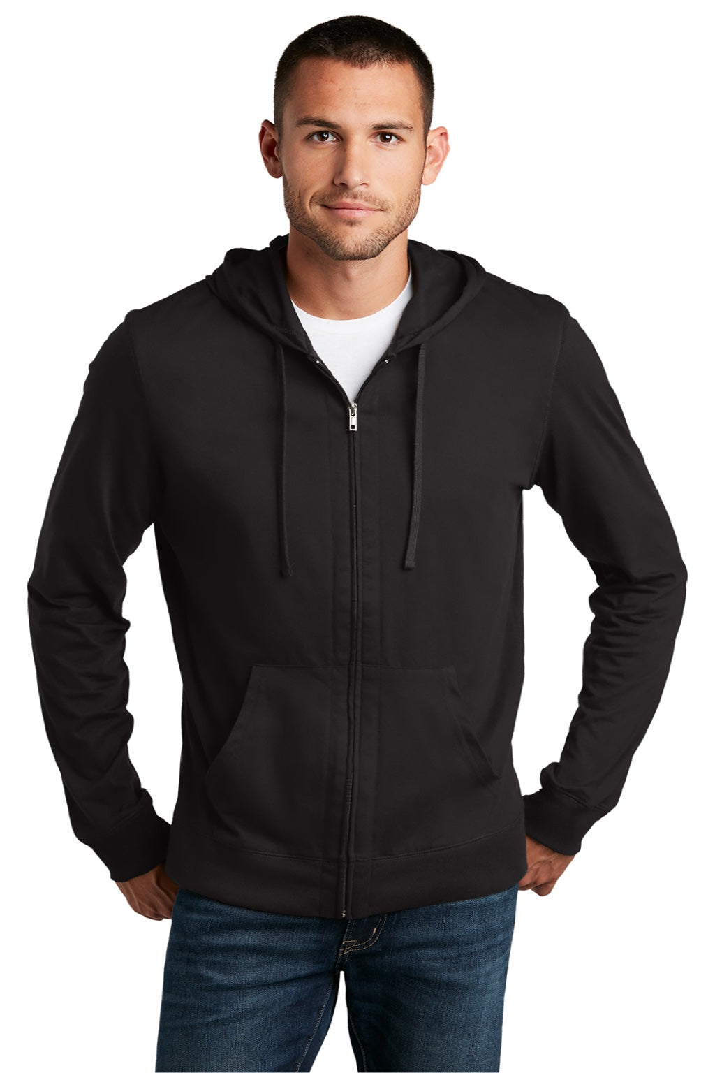 District DT1100 Mens Full Zip Hooded Sweatshirt Hoodie w/ Pockets Black Model Front