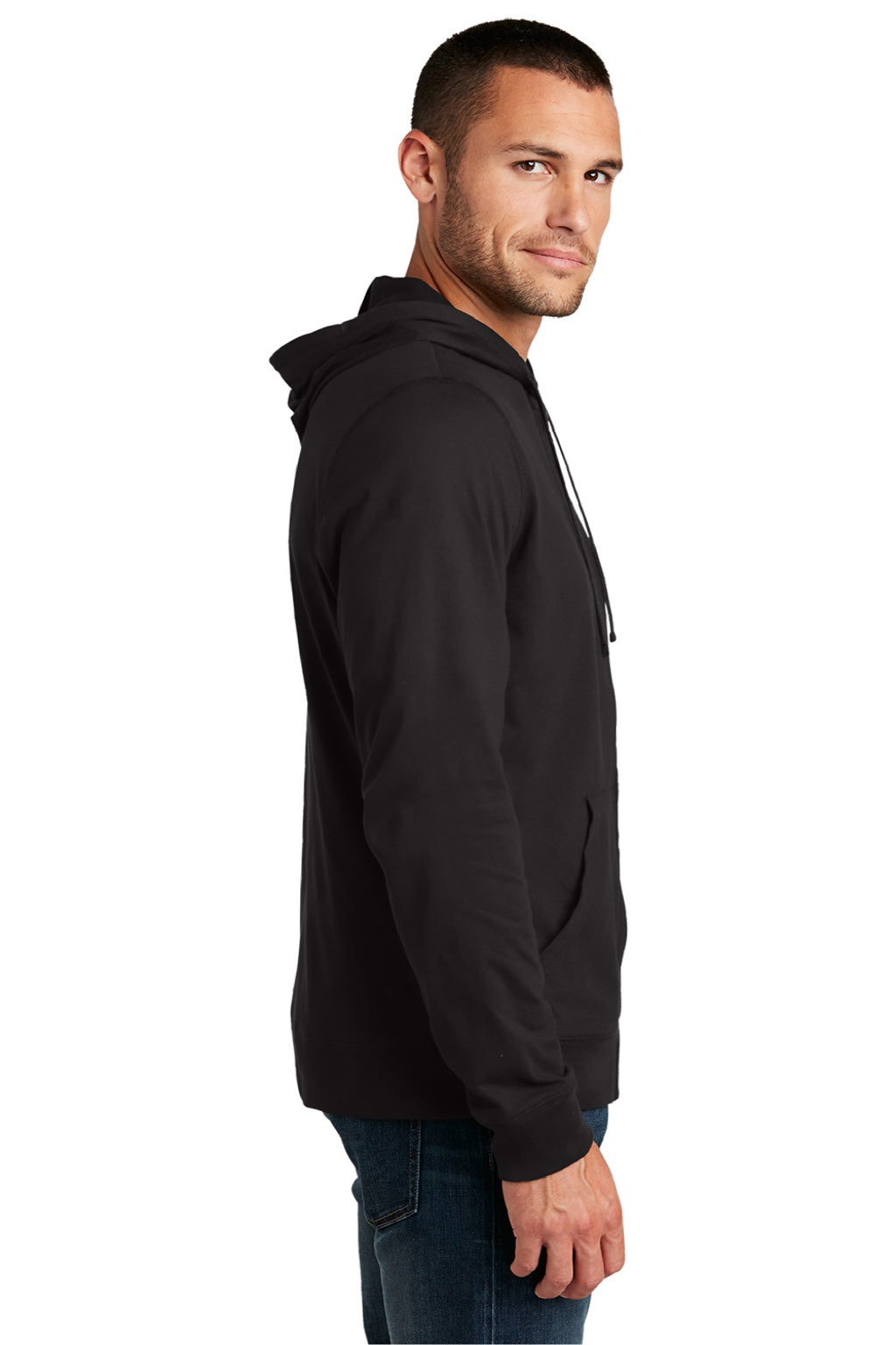 District DT1100 Mens Full Zip Hooded Sweatshirt Hoodie w/ Pockets Black Model Side