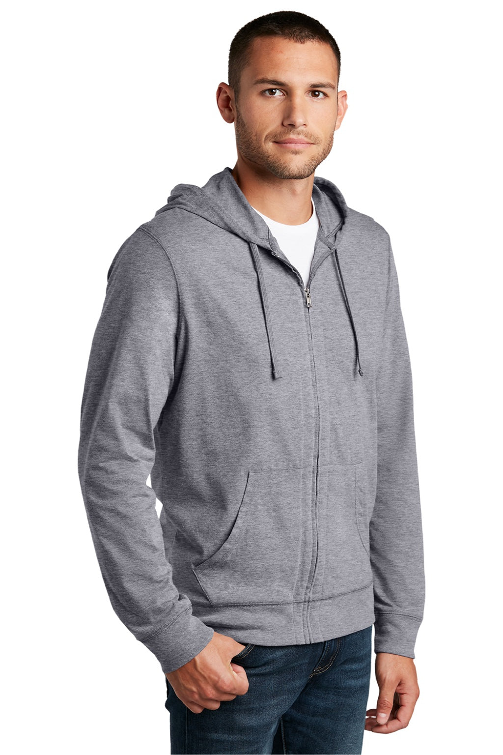 District DT1100 Mens Full Zip Hooded Sweatshirt Hoodie w/ Pockets Heather Dark Grey Model 3q