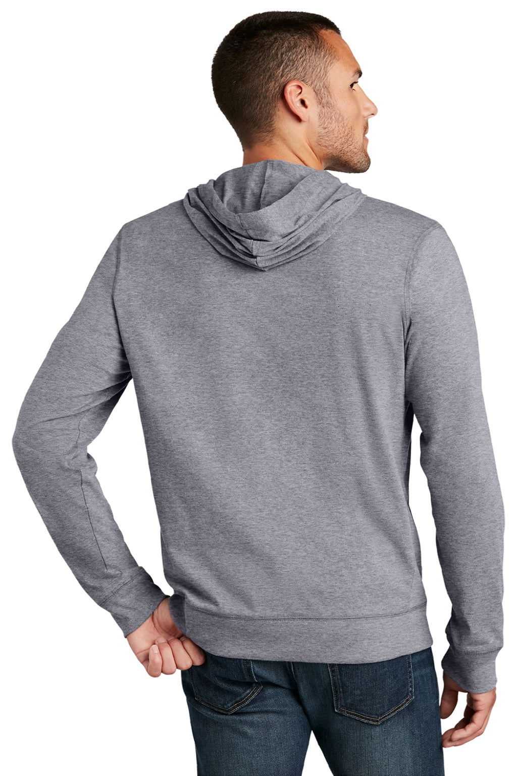 District DT1100 Mens Full Zip Hooded Sweatshirt Hoodie w/ Pockets Heather Dark Grey Model Back