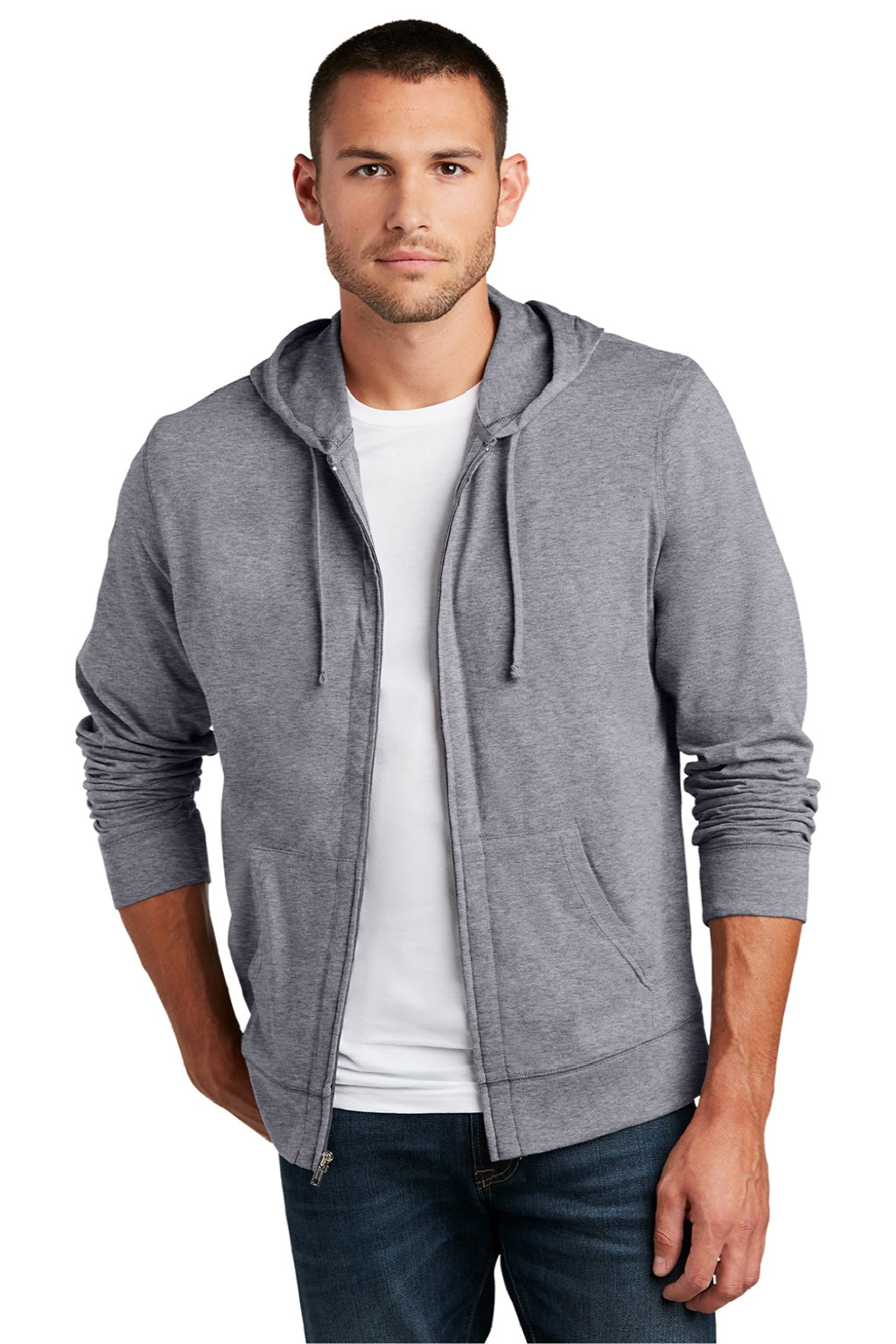 District DT1100 Mens Full Zip Hooded Sweatshirt Hoodie w/ Pockets Heather Dark Grey Model Front