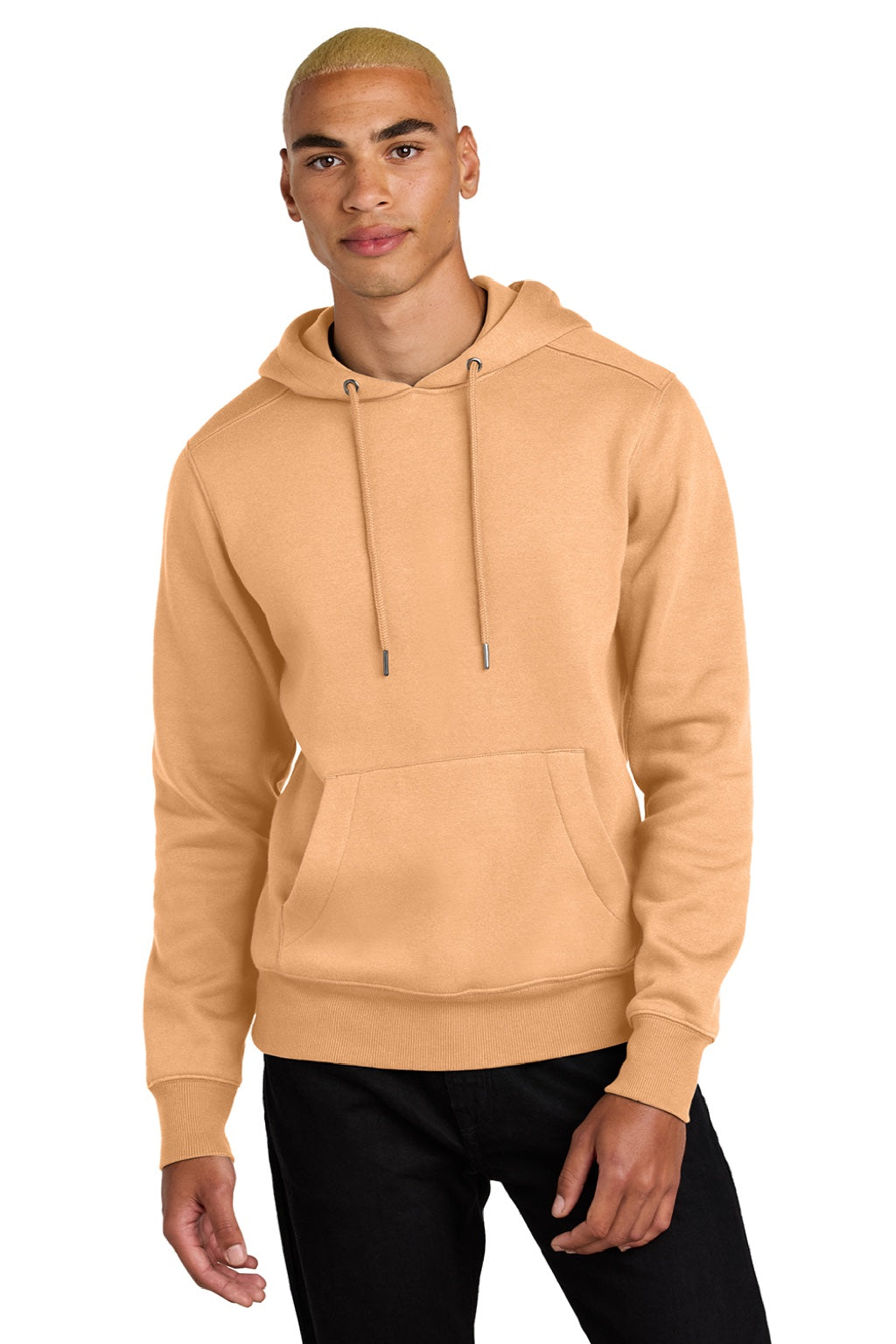 District DT1101 Mens Perfect Weight Fleece Hooded Sweatshirt Hoodie w/ Pouch Pocket Apricot Orange Model Front