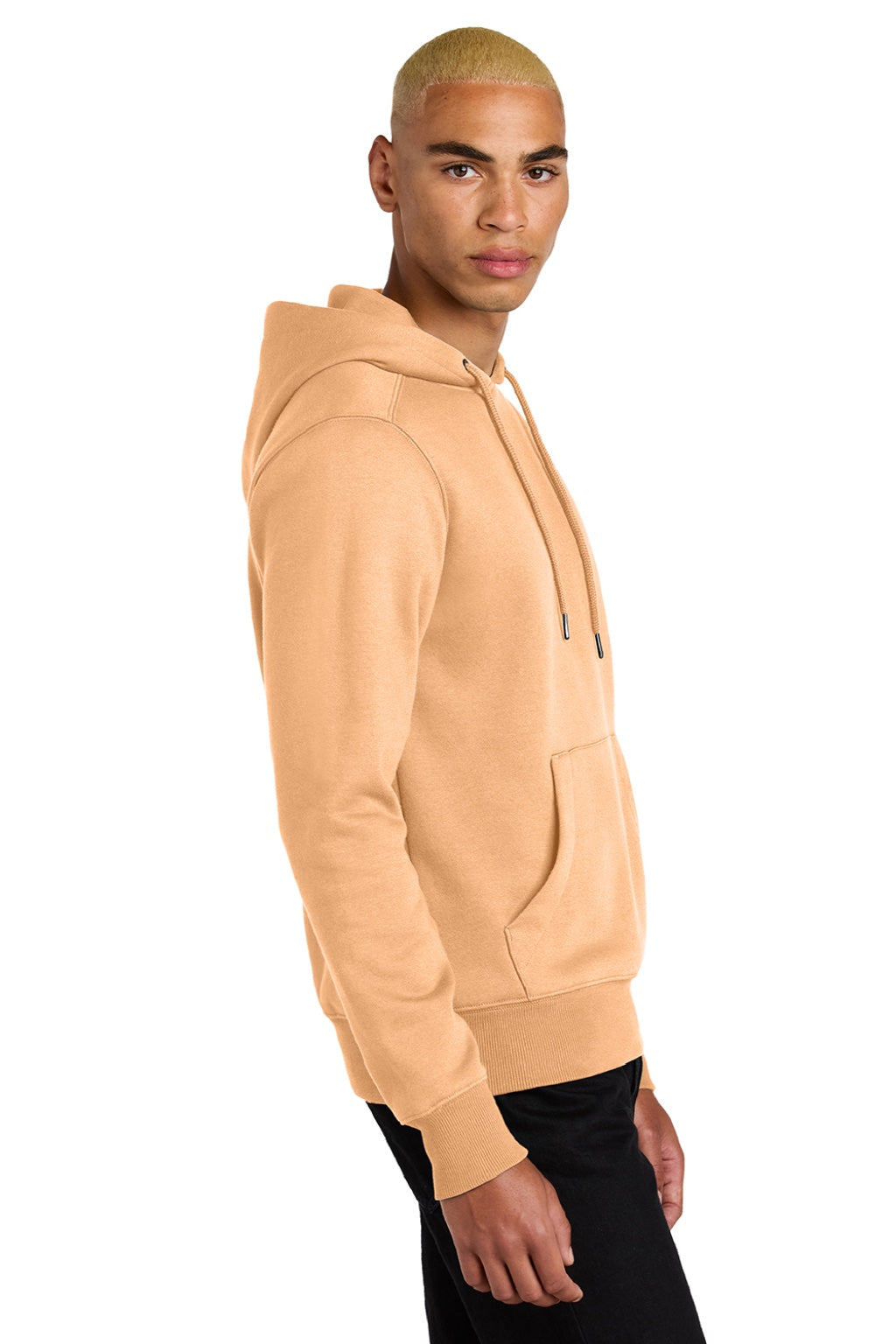 District DT1101 Mens Perfect Weight Fleece Hooded Sweatshirt Hoodie w/ Pouch Pocket Apricot Orange Model Side