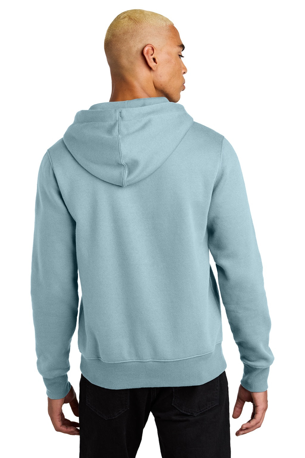 District DT1101 Mens Perfect Weight Fleece Hooded Sweatshirt Hoodie w/ Pouch Pocket Fog Blue Model Back
