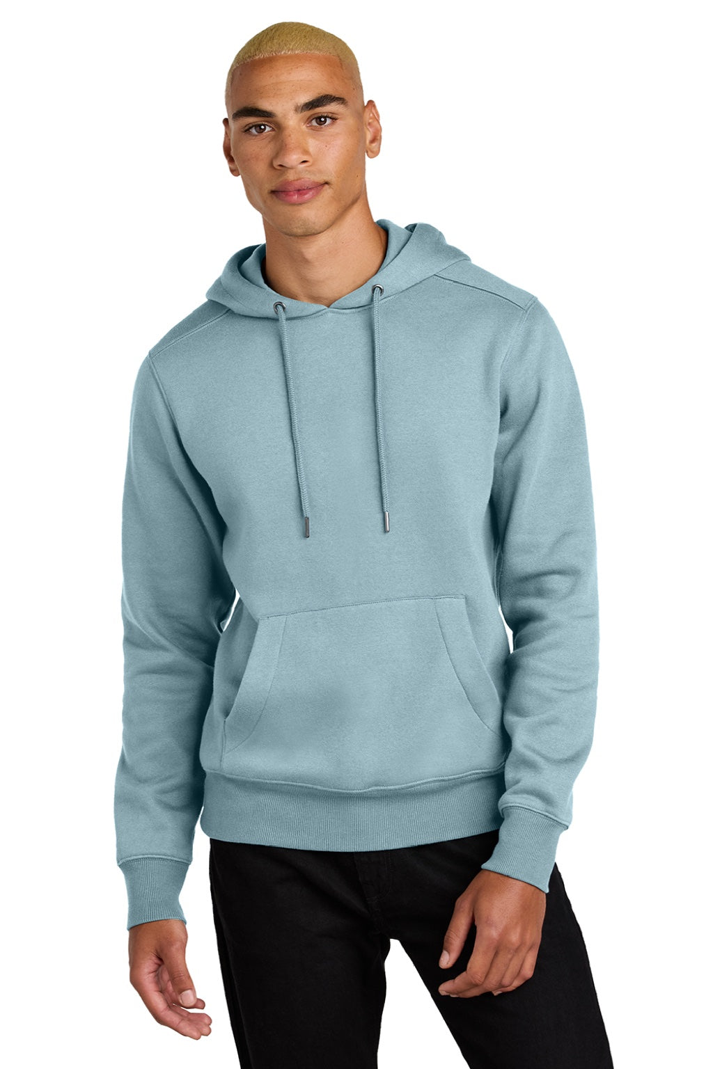 District DT1101 Mens Perfect Weight Fleece Hooded Sweatshirt Hoodie w/ Pouch Pocket Fog Blue Model Front