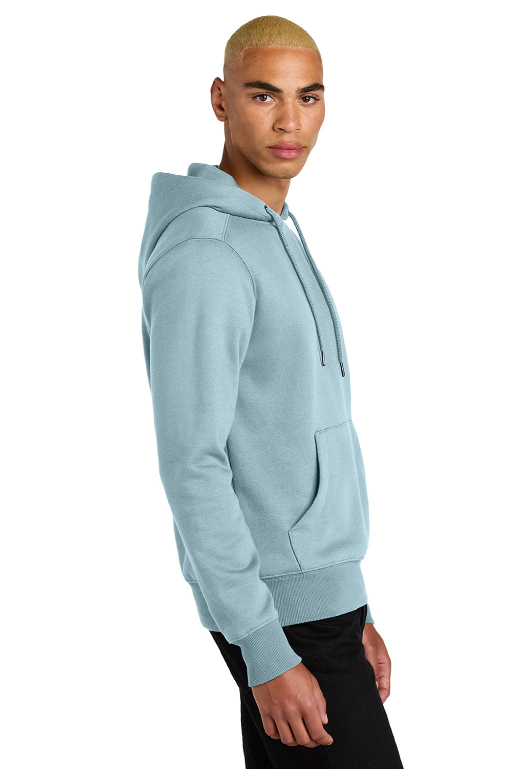 District DT1101 Mens Perfect Weight Fleece Hooded Sweatshirt Hoodie w/ Pouch Pocket Fog Blue Model Side