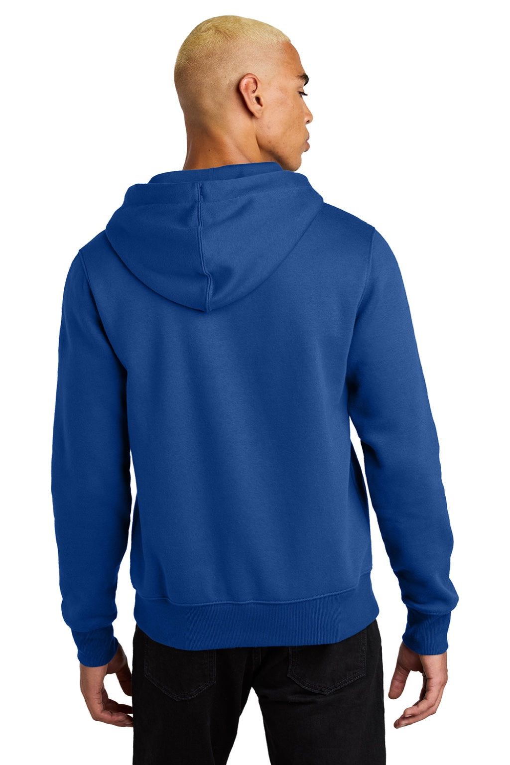 District DT1101 Mens Perfect Weight Fleece Hooded Sweatshirt Hoodie w/ Pouch Pocket Deep Royal Blue Model Back