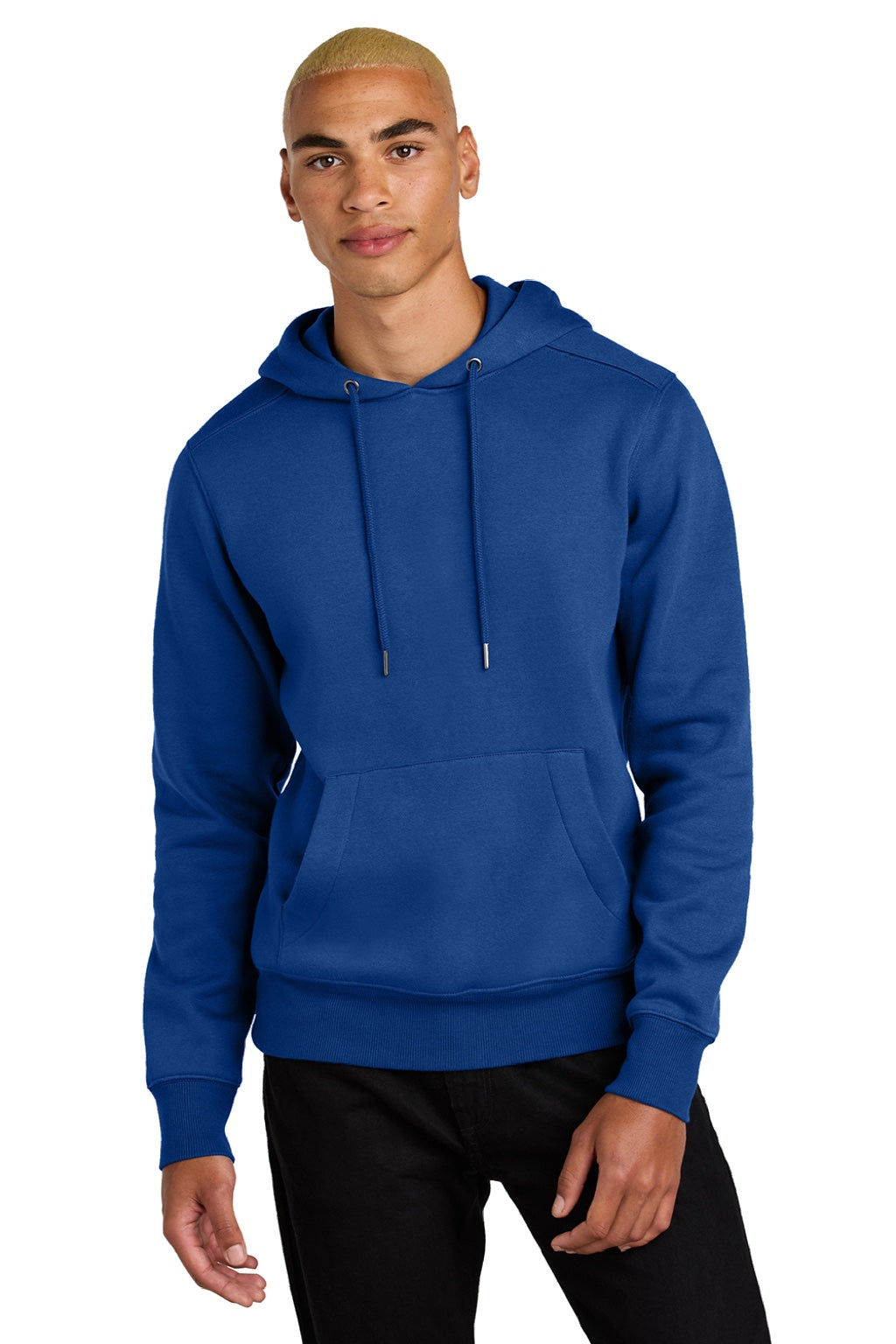 District DT1101 Mens Perfect Weight Fleece Hooded Sweatshirt Hoodie w/ Pouch Pocket Deep Royal Blue Model Front