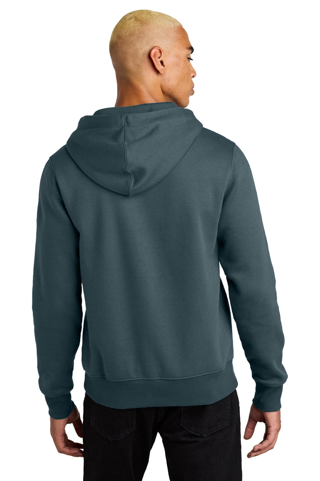 District DT1101 Mens Perfect Weight Fleece Hooded Sweatshirt Hoodie w/ Pouch Pocket Deep Steel Blue Model Back