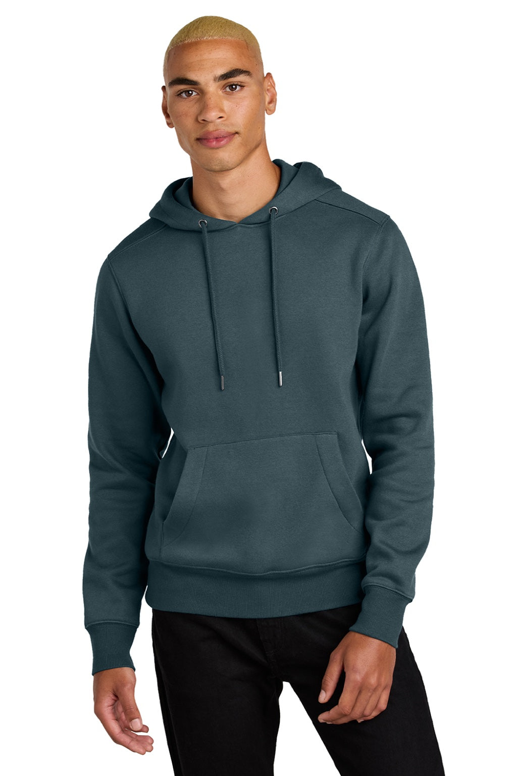 District DT1101 Mens Perfect Weight Fleece Hooded Sweatshirt Hoodie w/ Pouch Pocket Deep Steel Blue Model Front