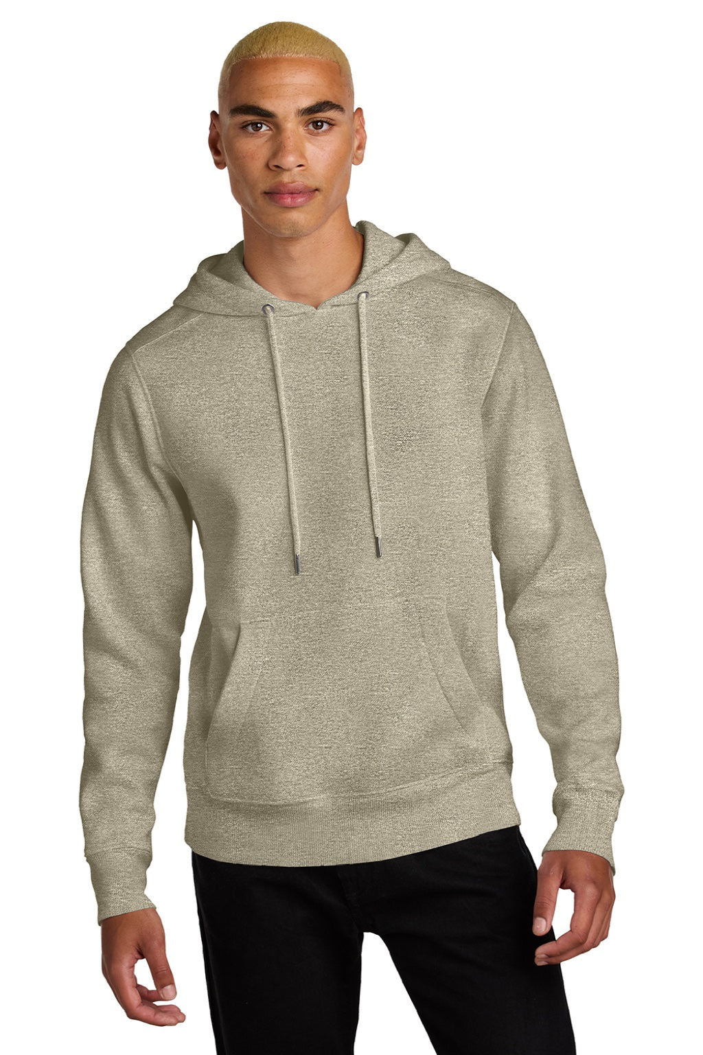 District DT1101 Mens Perfect Weight Fleece Hooded Sweatshirt Hoodie w/ Pouch Pocket Heather Latte Brown Model Front