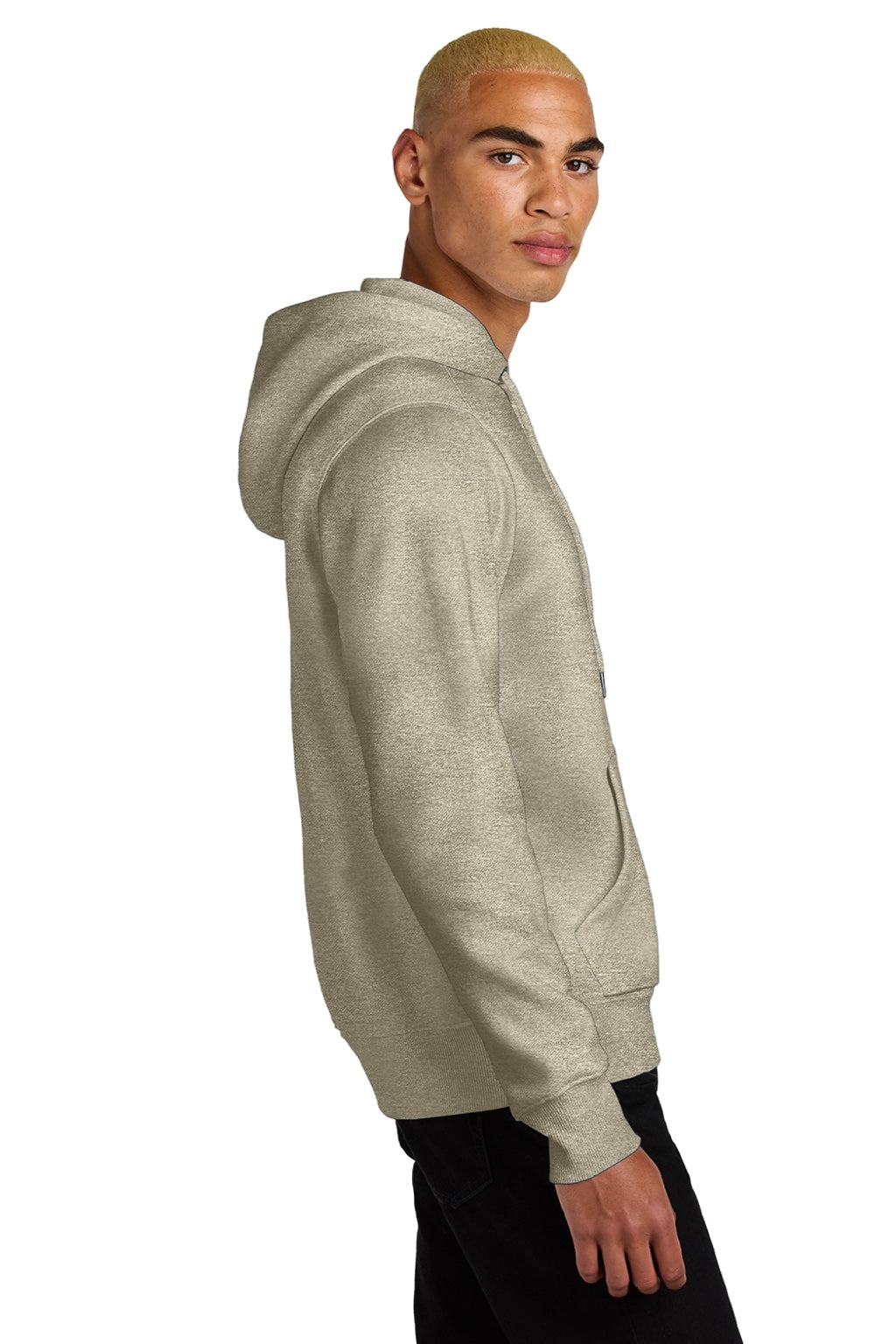 District DT1101 Mens Perfect Weight Fleece Hooded Sweatshirt Hoodie w/ Pouch Pocket Heather Latte Brown Model Side
