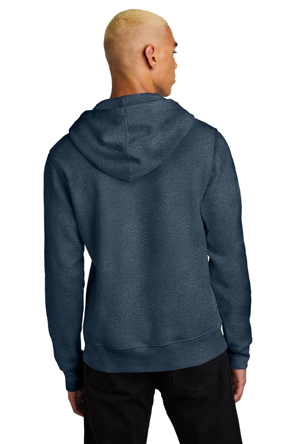 District DT1101 Mens Perfect Weight Fleece Hooded Sweatshirt Hoodie w/ Pouch Pocket Heather Navy Blue Model Back