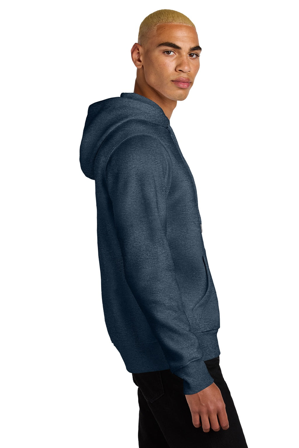 District DT1101 Mens Perfect Weight Fleece Hooded Sweatshirt Hoodie w/ Pouch Pocket Heather Navy Blue Model Side
