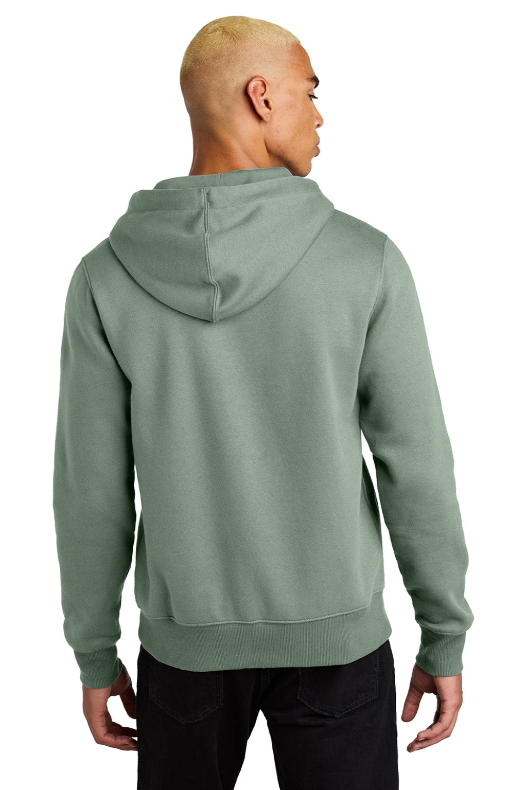 District DT1101 Mens Perfect Weight Fleece Hooded Sweatshirt Hoodie w/ Pouch Pocket Laurel Green Model Back