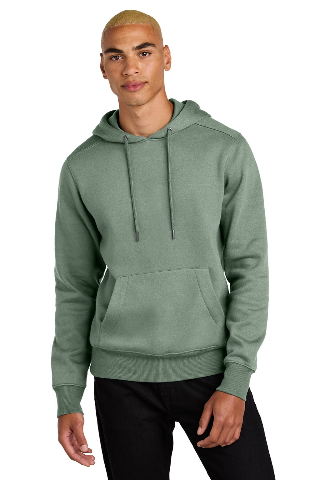 District DT1101 Mens Perfect Weight Fleece Hooded Sweatshirt Hoodie w/ Pouch Pocket Laurel Green Model Front