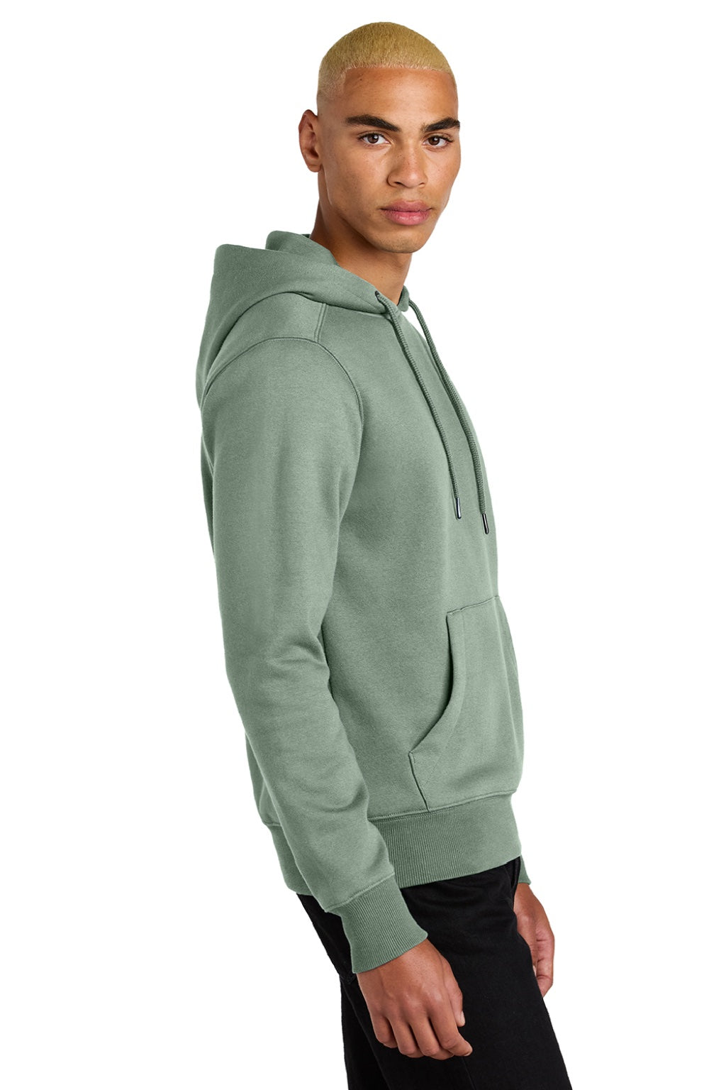 District DT1101 Mens Perfect Weight Fleece Hooded Sweatshirt Hoodie w/ Pouch Pocket Laurel Green Model Side