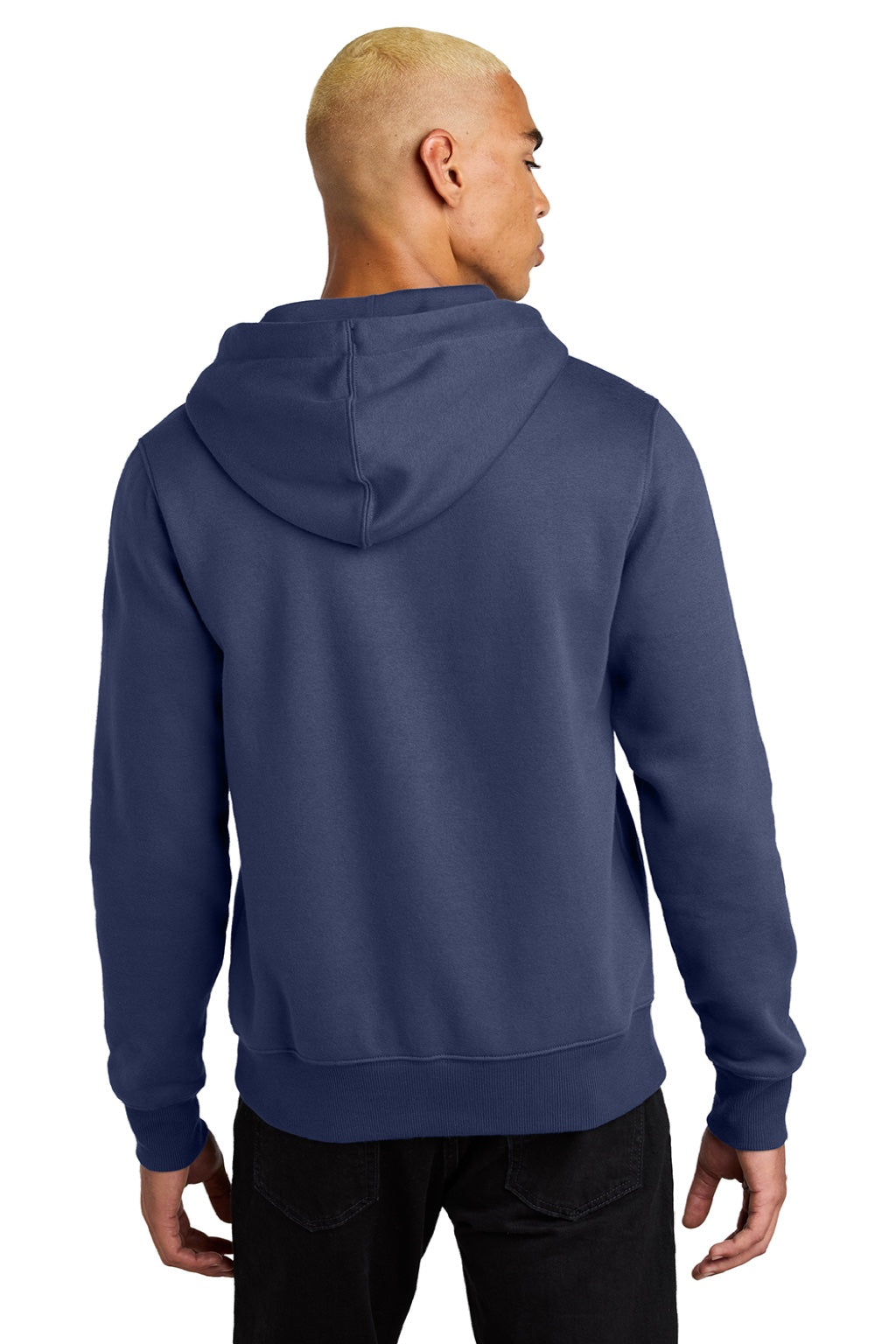 District DT1101 Mens Perfect Weight Fleece Hooded Sweatshirt Hoodie w/ Pouch Pocket Tanzanite Blue Model Back