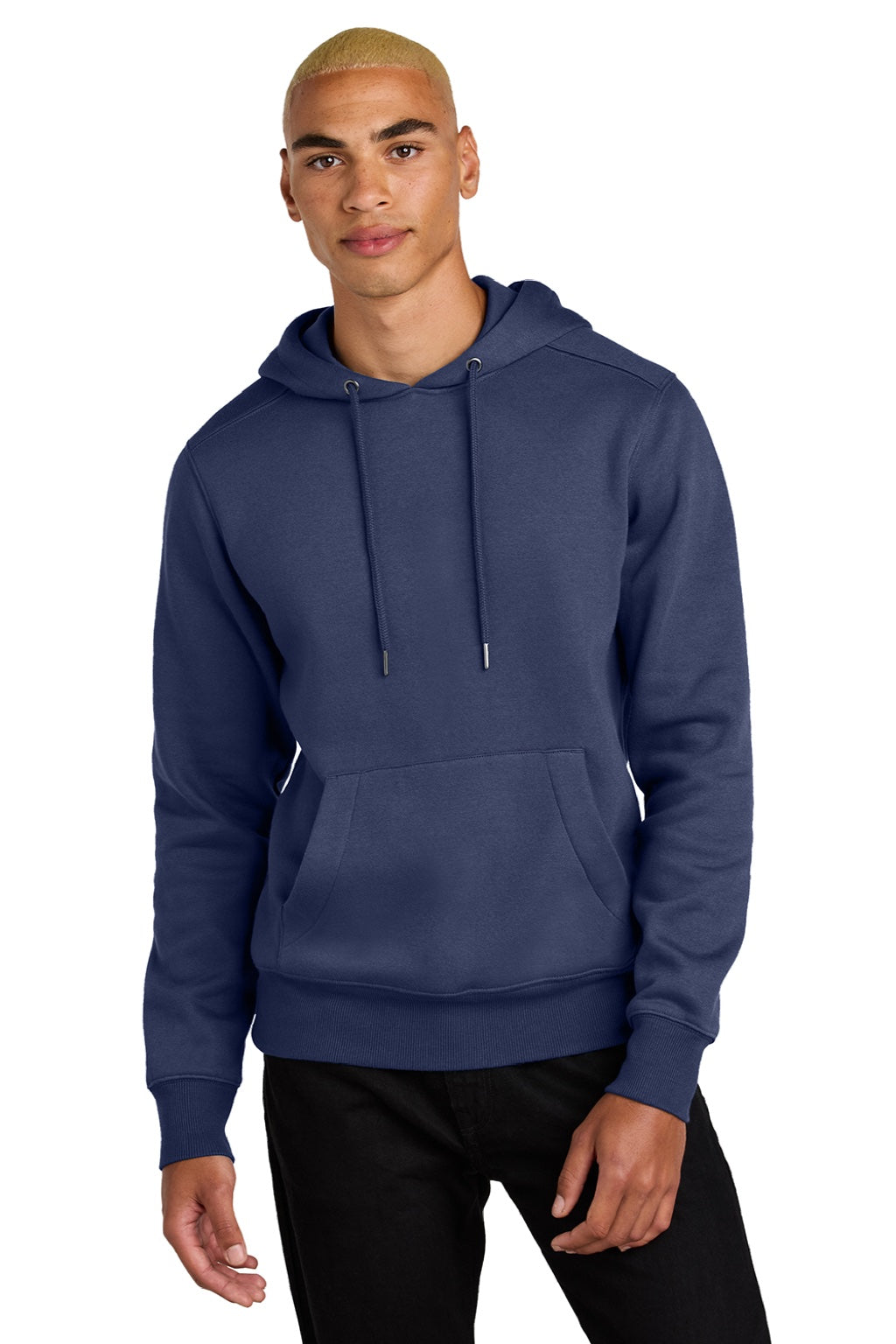 District DT1101 Mens Perfect Weight Fleece Hooded Sweatshirt Hoodie w/ Pouch Pocket Tanzanite Blue Model Front