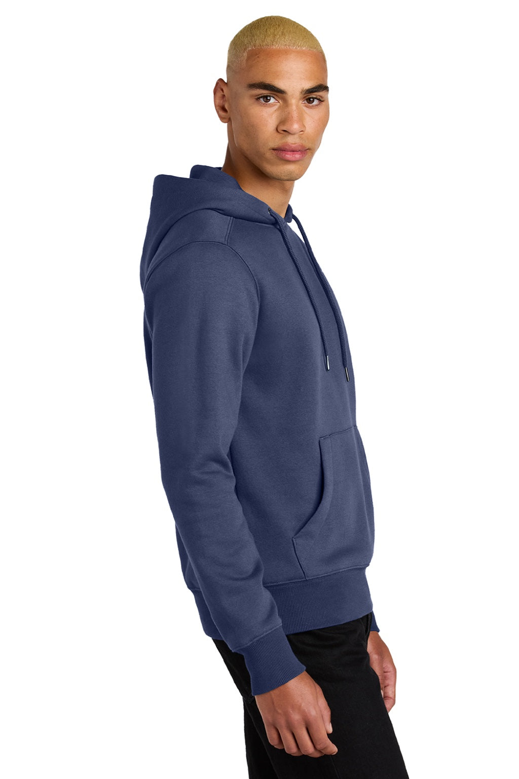 District DT1101 Mens Perfect Weight Fleece Hooded Sweatshirt Hoodie w/ Pouch Pocket Tanzanite Blue Model Side