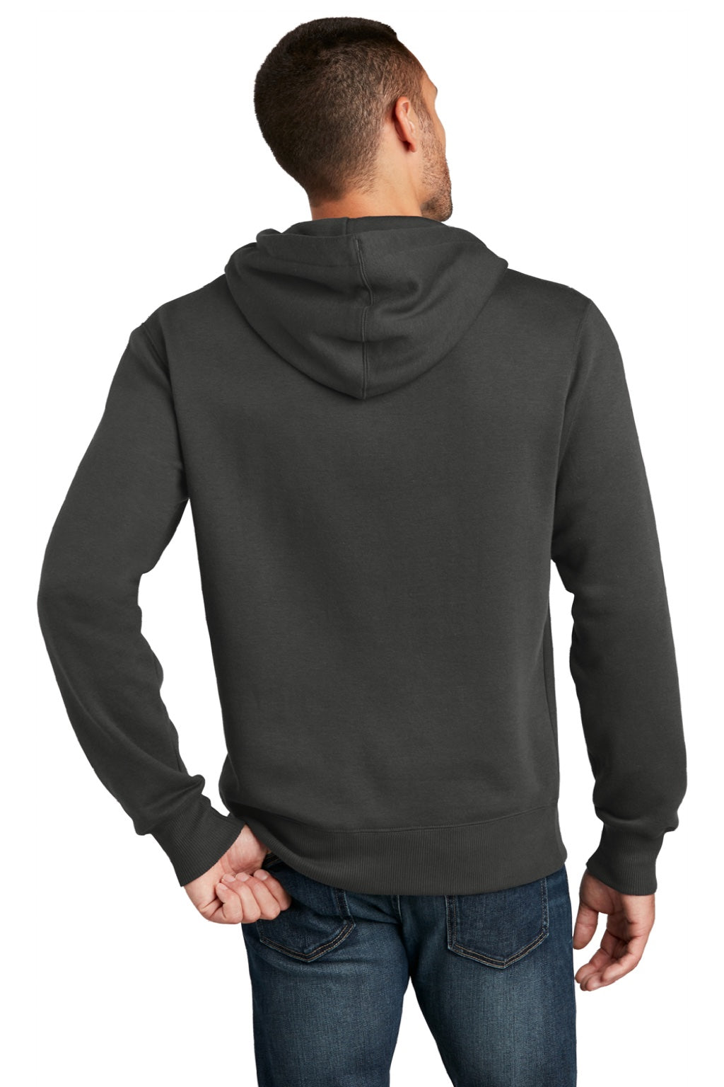 District DT1101 Mens Perfect Weight Fleece Hooded Sweatshirt Hoodie w/ Pouch Pocket Charcoal Grey Model Back