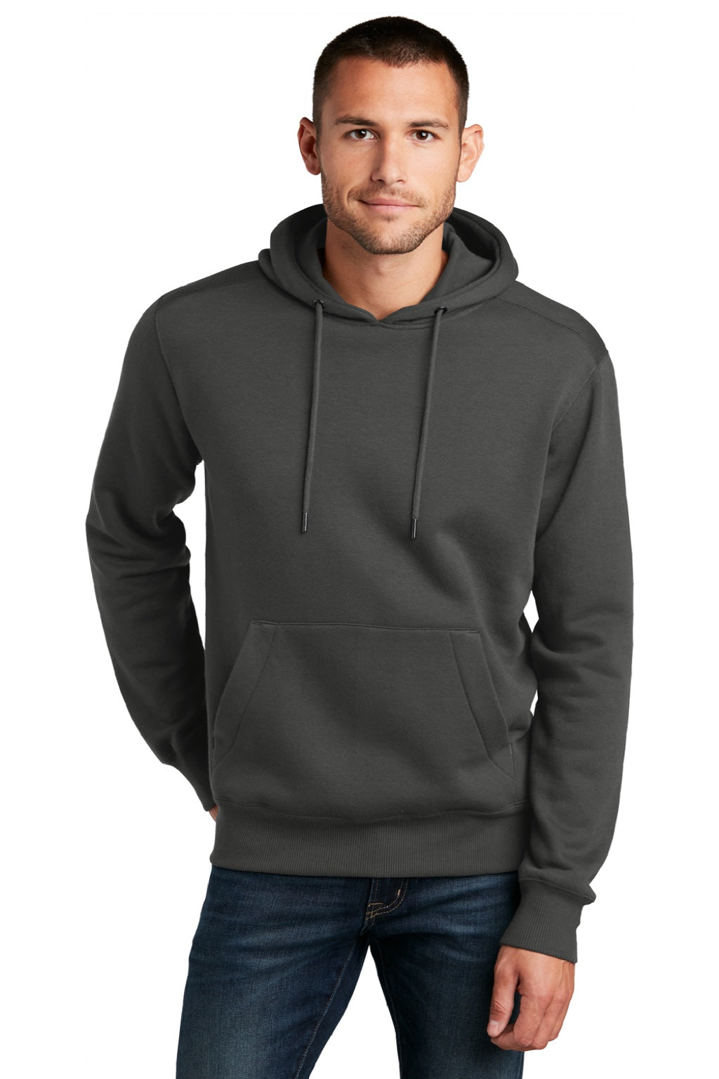 District DT1101 Mens Perfect Weight Fleece Hooded Sweatshirt Hoodie w/ Pouch Pocket Charcoal Grey Model Front