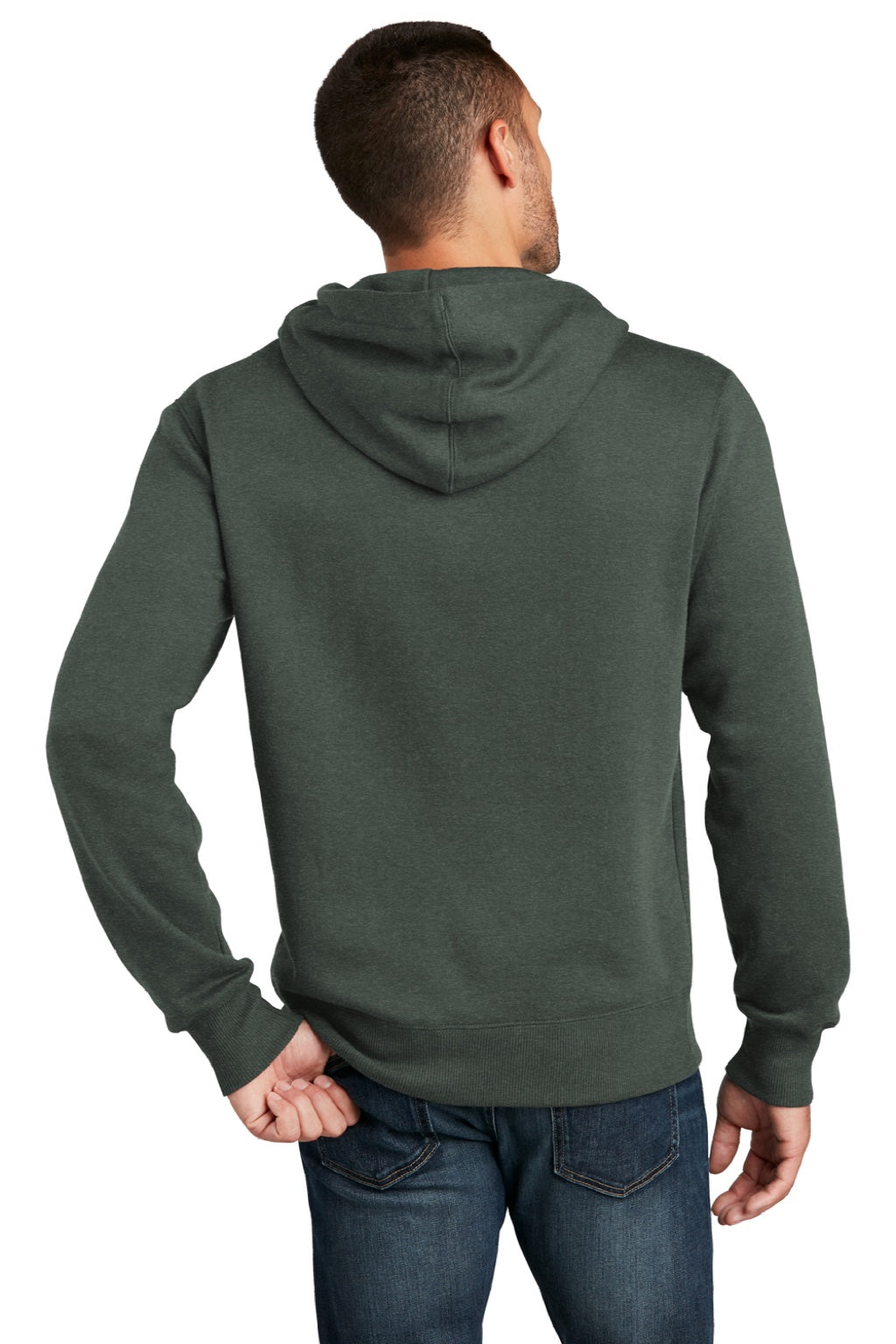 District DT1101 Mens Perfect Weight Fleece Hooded Sweatshirt Hoodie w/ Pouch Pocket Heather Forest Green Model Back