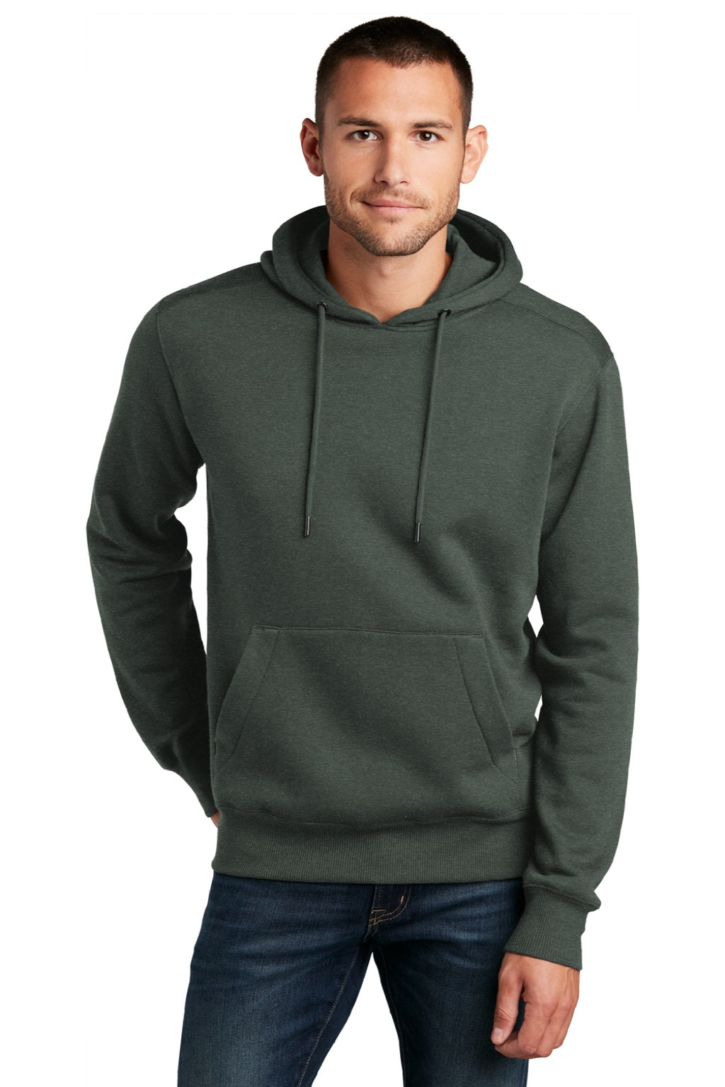 District DT1101 Mens Perfect Weight Fleece Hooded Sweatshirt Hoodie w/ Pouch Pocket Heather Forest Green Model Front