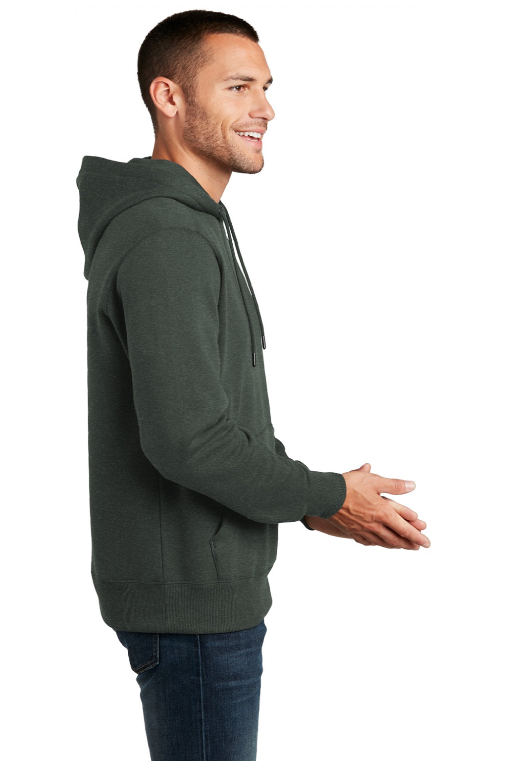 District DT1101 Mens Perfect Weight Fleece Hooded Sweatshirt Hoodie w/ Pouch Pocket Heather Forest Green Model Side